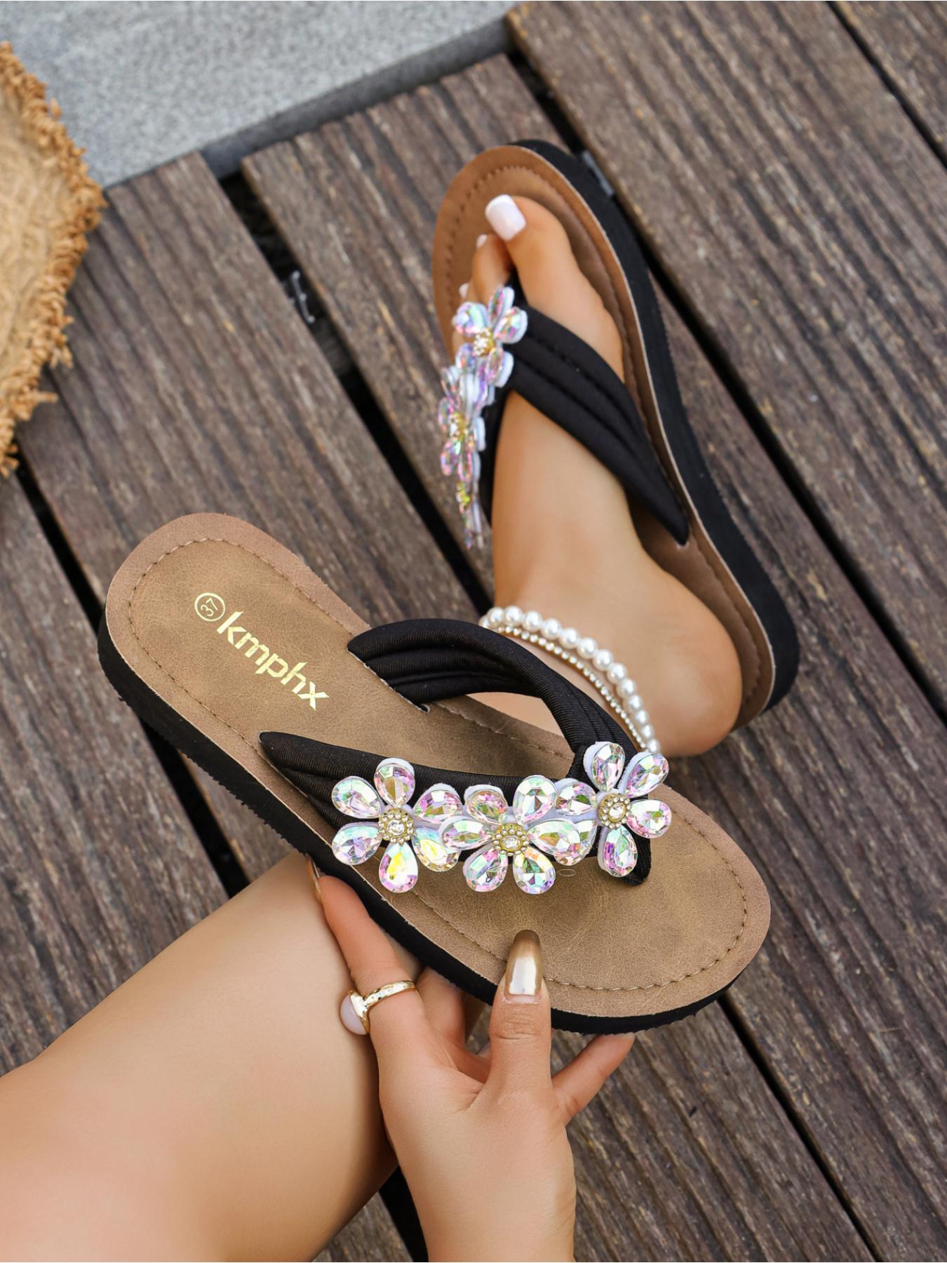 Women's Rhinestone Flower Flip Flops Summer Non-slip Thong Sandals Beach Shoes for Vacation