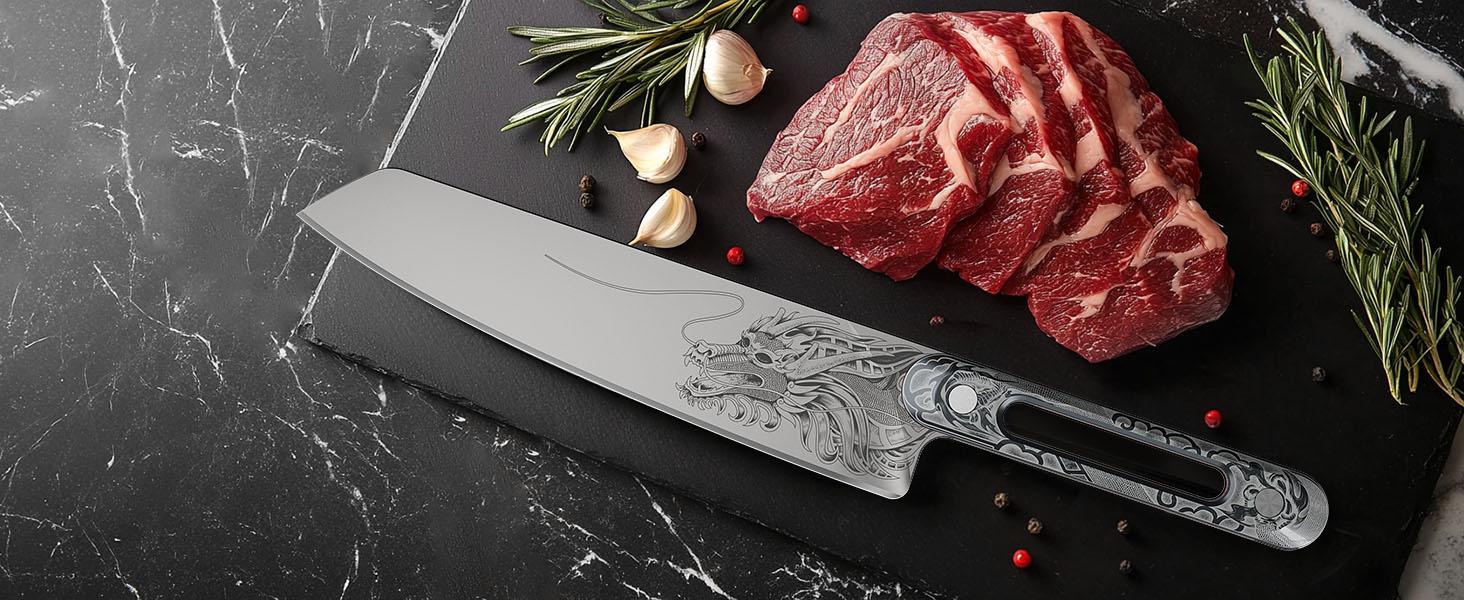 「 Luxury Gift 」ZDF-905 Powder Steel Chef Knife 8 Inch, Ultra Sharp Japanese Kitchen Knife, Full Tang Professional Chef Knife with Dragon Engraving, Interchangeable Handles，Purism Series Outdoorfun