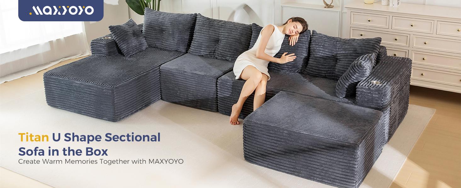 [3 Packs Shipped] MAXYOYO 131.6" Large U-Shaped Sectional Sofa,  Modern Boneless Couch for Living Room, Sofa in A Box, Oversized Sofa Sleeper with Deep Seat, Convertible Corduroy Sectional Sofa, No Assembly Required