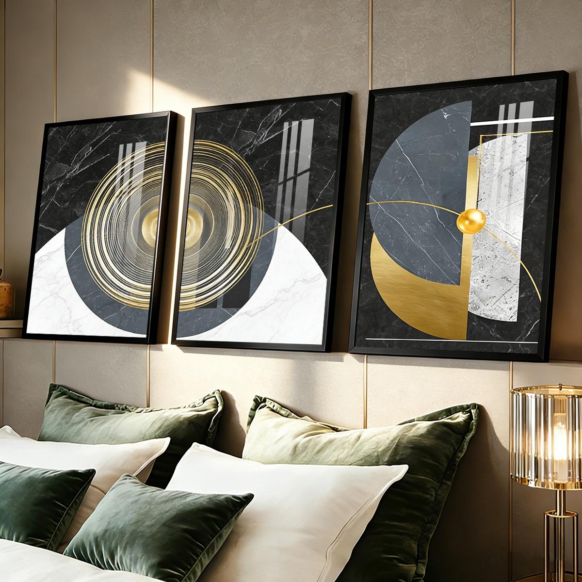 3 Counts Aluminum Alloy Framed Painting, Geometric Abstract Gold And Marble Art, Home Decoration For Living Room, Bedroom, Office, Restaurant, Hallway Wall Decor, Odorless Print Artwork, Luxury Perfect Gift For Friends And Family