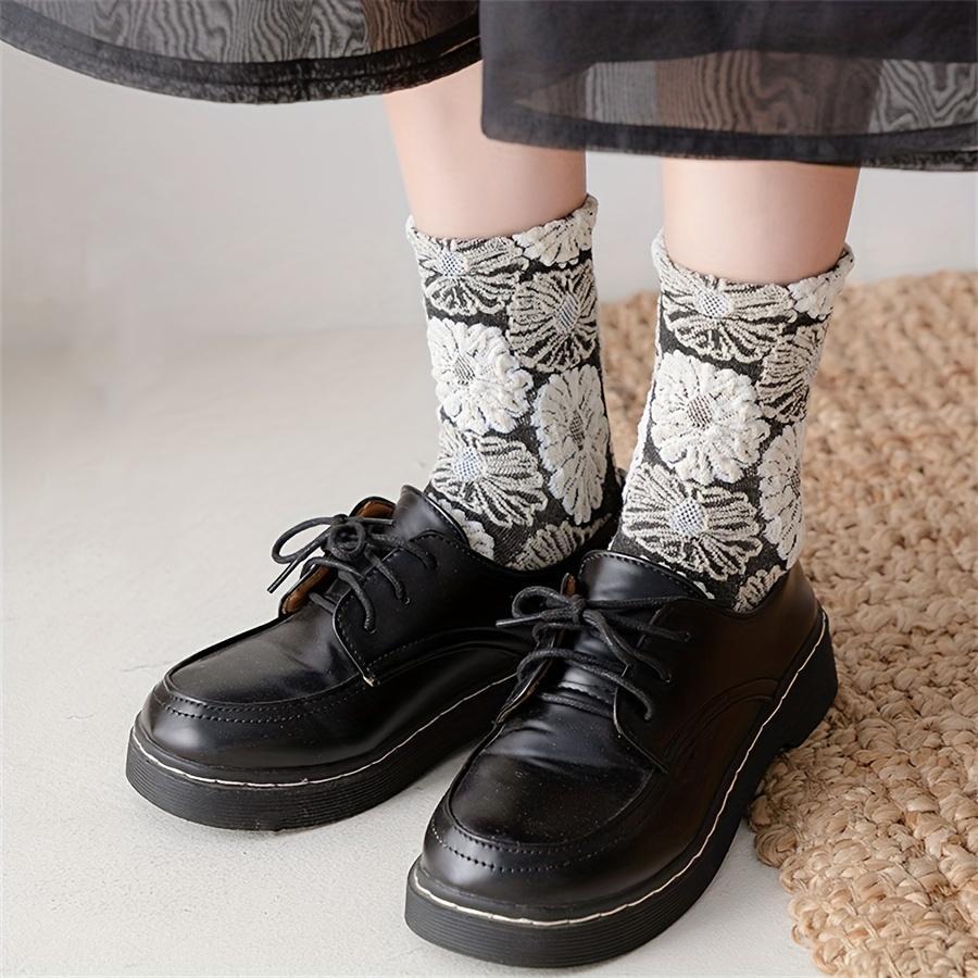 6 pairs of retro college style girl socks  versatile black flower bow loafers  mid length socks | Autumn Winter Outfits / New Fall Winter Style / Thermal Mid-Calf Socks