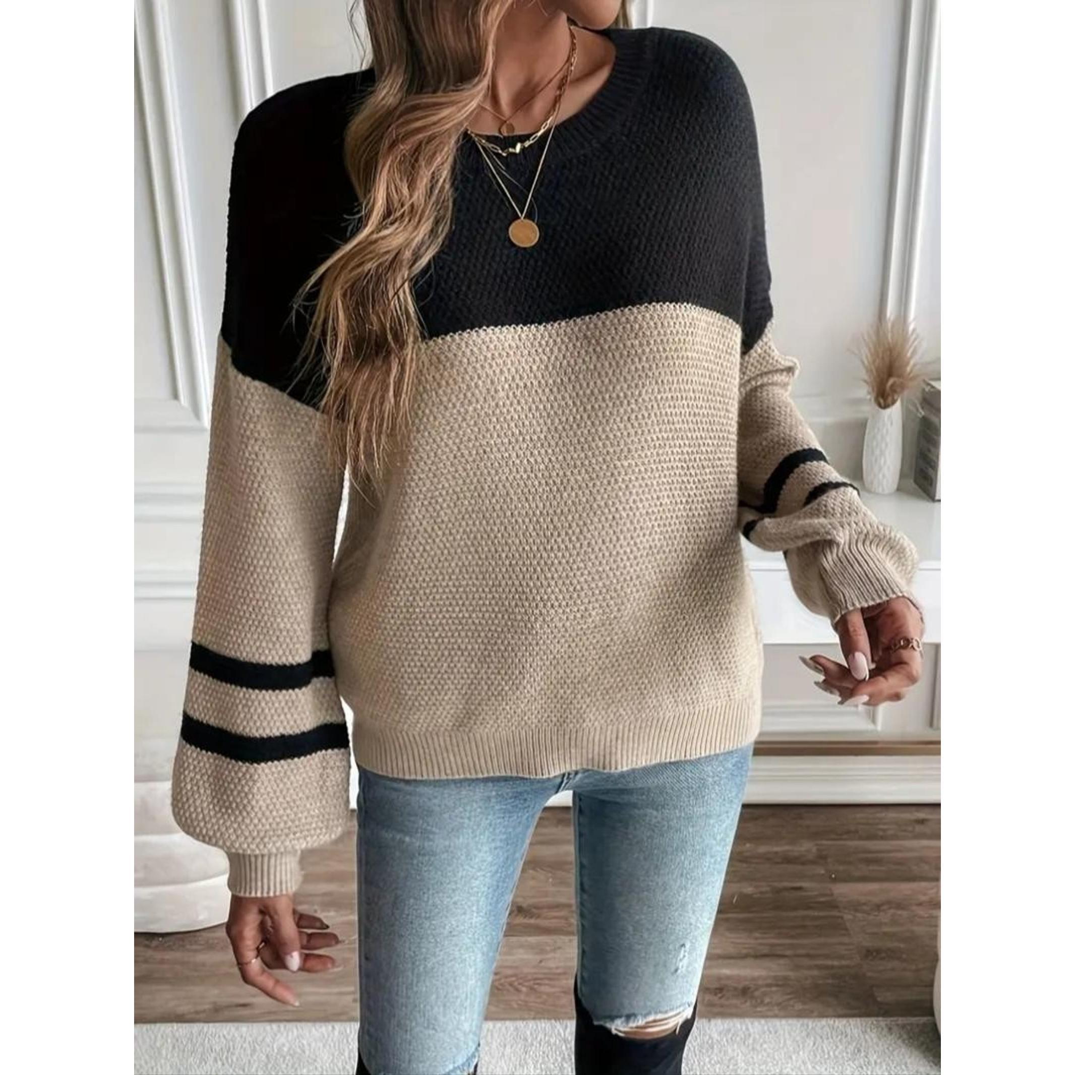 Loose-Fitting Color Block Striped Sweater, Thick Casual Knit for Fall & Winter, Cozy Fashion for Relaxed Days