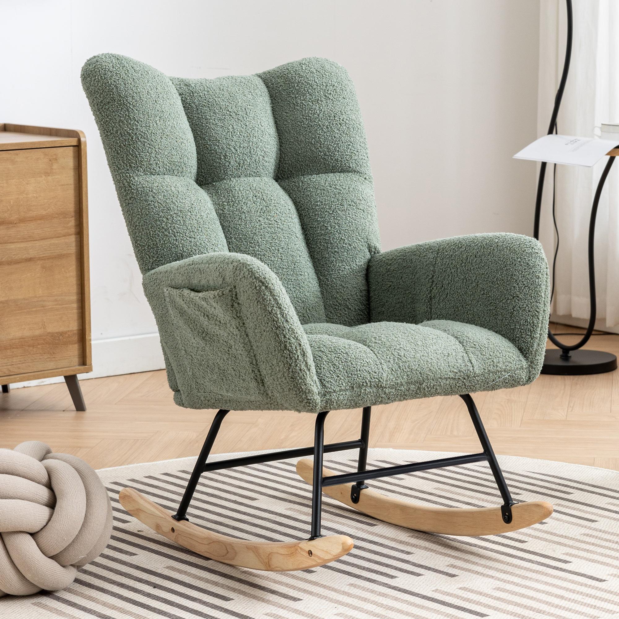 QAK Teddy Fabric Rocking Chair with Pocket, Soft Rocking Chair for Nursery, Comfy Wingback Golider Rocking Chair with Safe Solid Wood Base, Living Room