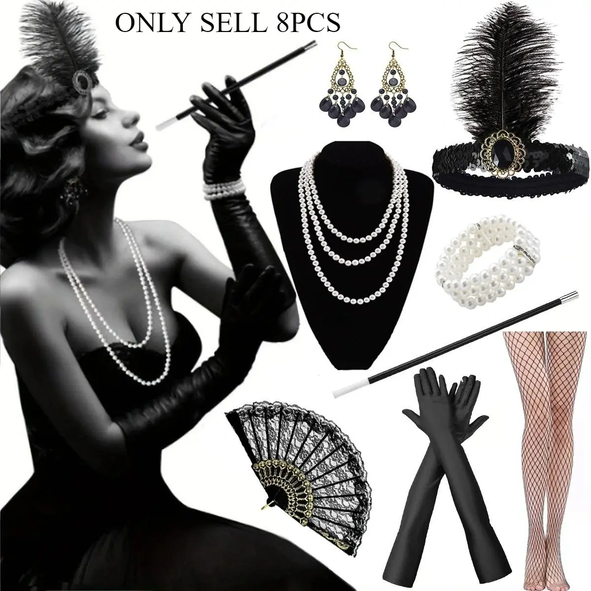 Eight 1920S-Style Women'S Additions, Including a Gatsby Feather Headband, Synthetic Gemstone Earrings, And a Necklace, Perfect for Balls, Halloween Costumes, And More