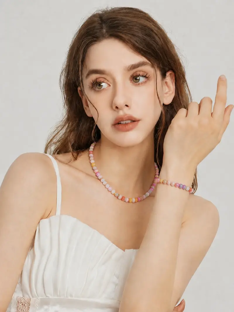 2026 Summer Boho Aesthetic Cool Colorful Playful Imitation Natural Stone Beaded Design Necklace Bracelet Set, Sweet Macaron Color Artificial Crystal Jewelry Set, Elegant Minimalist Bohemian Style Gift Ready for Women Men