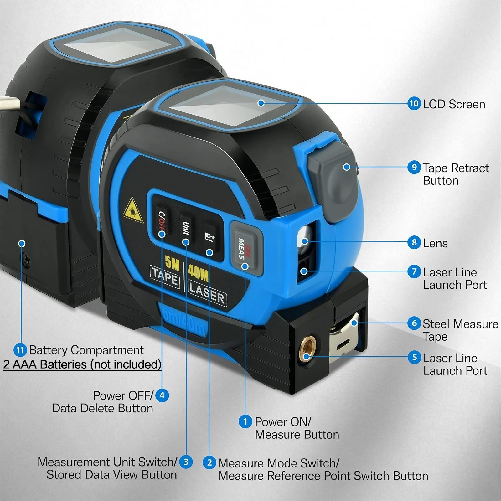 3-in-1 Digital Laser Tape Measure, 196ft/60m High Precision Laser Distance Meter with Backlit LCD, Auto-Lock, Ft/In/Fraction/M/Mm Unit Switch, Professional for Construction, Home Renovation, Indoor/Outdoor Use, Measuring Tape