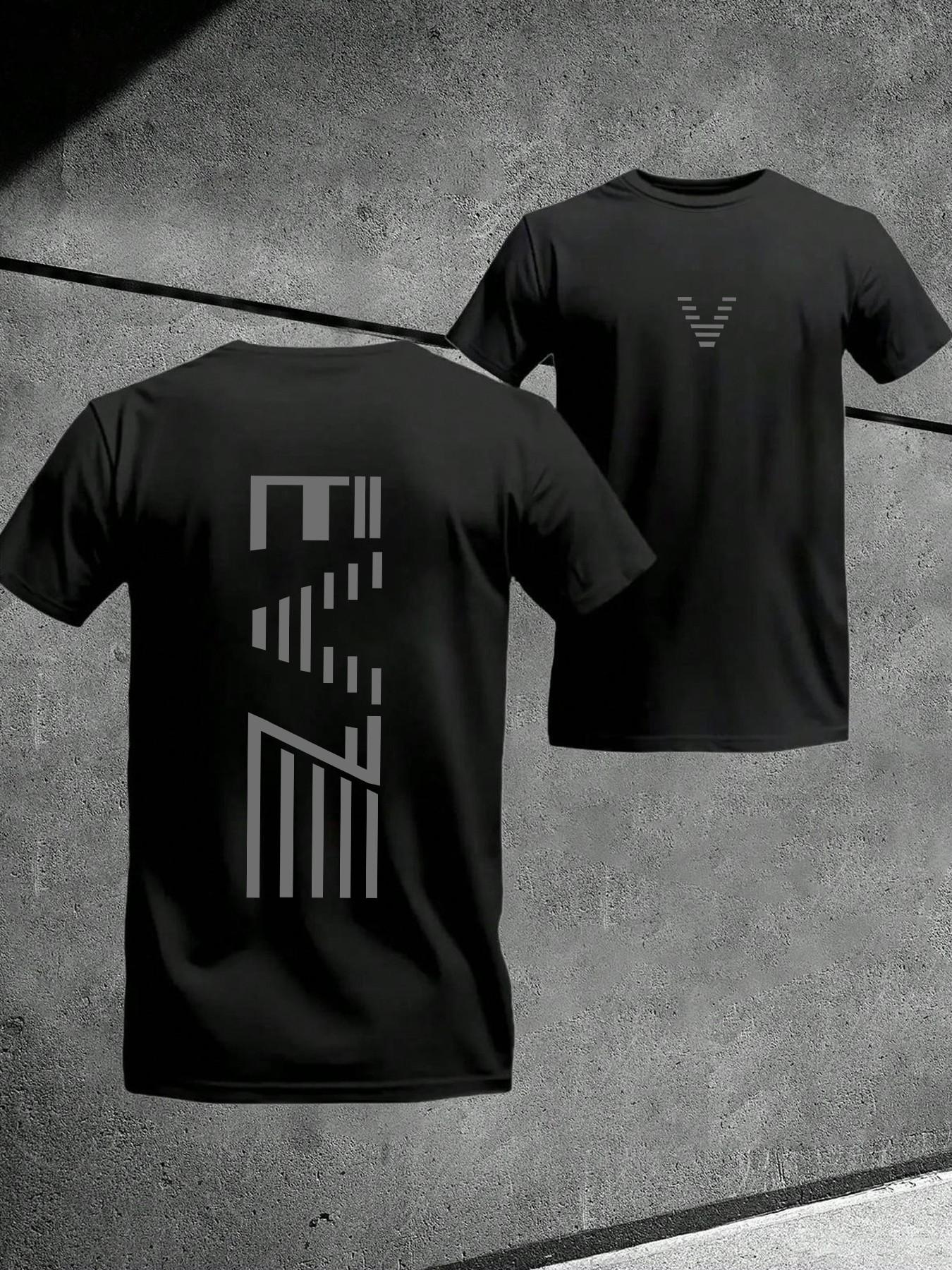 Unisex Gym Training & Outdoor Running Sports T-Shirt, Geometric Letter Line Pattern, Lightweight Breathable Quick-Dry Fabric, All Seasons