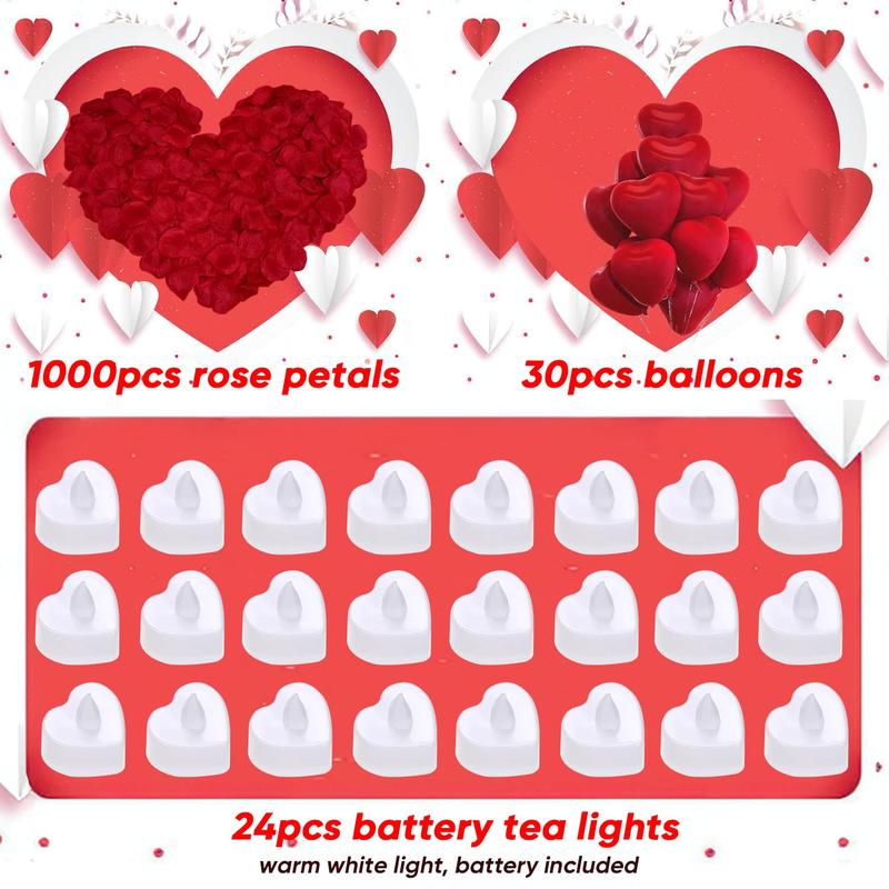 Romantic Night For Her Set, 1000Pcs Artificial Rose Petals | 30Pcs Burgundy Heart Balloon | 24Pcs Battery Candles, Heart Tea Lights Candles for Romantic Night, Valentine, Wedding, Anniversary Table Decorations halloween decor Bathroom
