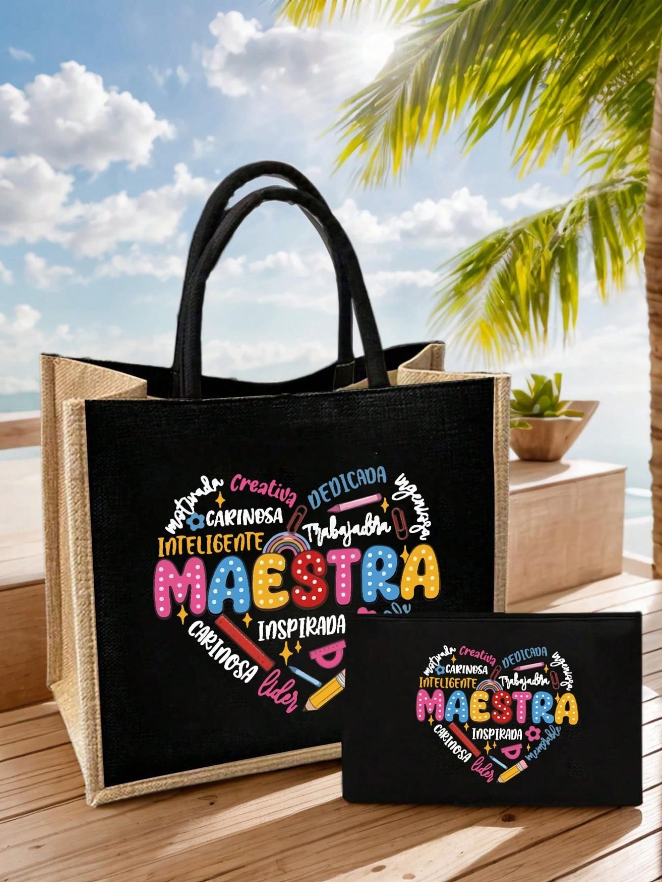 Maestra Theme Tote Bag and Makeup Pouch Set, Heart, Pencil, Ruler, Flower, Paperclip Patterns, Large Capacity Linen Shopping Bag, Skincare Organizer