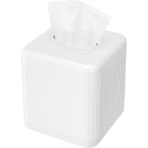 Tissue Box Cover with Base, Square Tissue Box Holder Decorative Tissue Cover Cube Facial Tissue Dispenser for Countertop, Living Room, Bedroom, Office - White