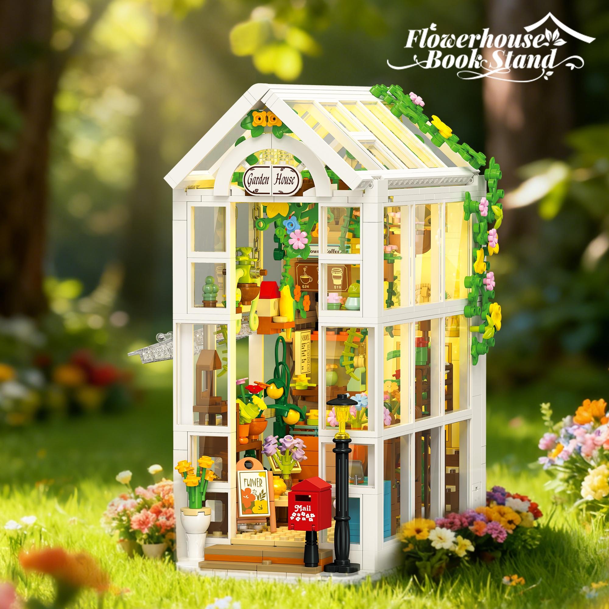 Jx Building Blocks Flower House Greenhouse Book Stand, Miniature Lighted Home Desktop Decor, Kids DIY Craft Toy (with Lights, 919pcs)