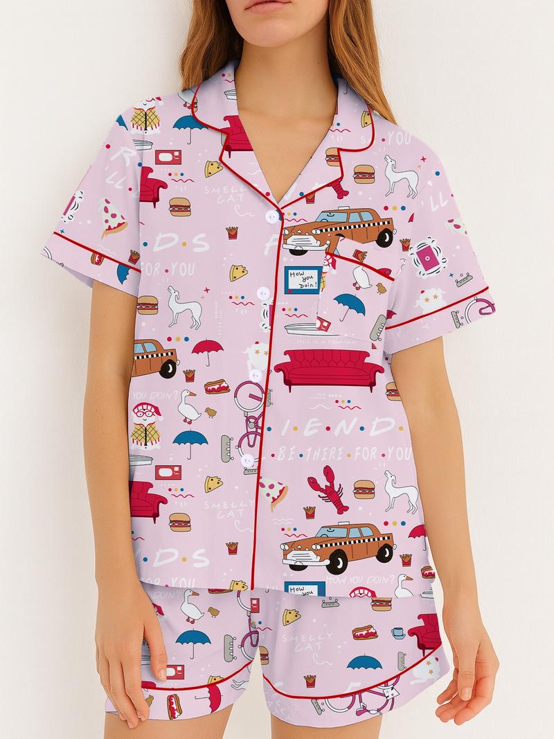 Women's Friends TV Show Sleepwear Loungewear Set, Spring Lapel Shirt & Pants Two-Piece, Short Sleeve Shorts, Party Wear, Fitted Pop Art Print