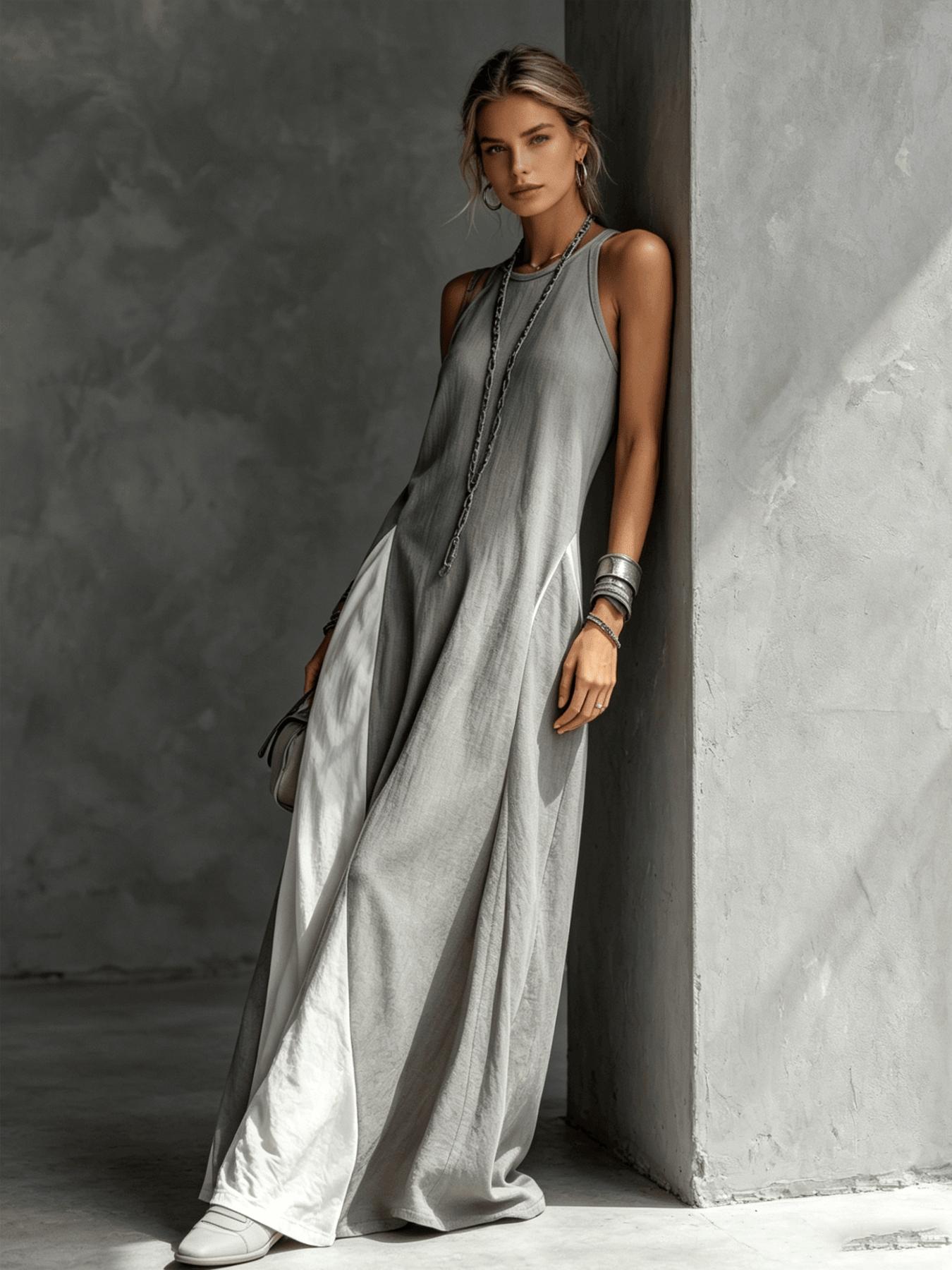 A relaxed, casual boho women's color-blocking dress, Boho Fashion beach sundress, with sleeveless vest, draping and flesh-concealing long skirt, suitable for summer, beach vacation, dating