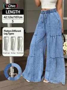 Elegant Chic Women's Elastic Drawstring Waist Baggy Pants, Fashionable Versatile Loose-Fit Jeans, Wide-Leg Trousers for Everyday Wear