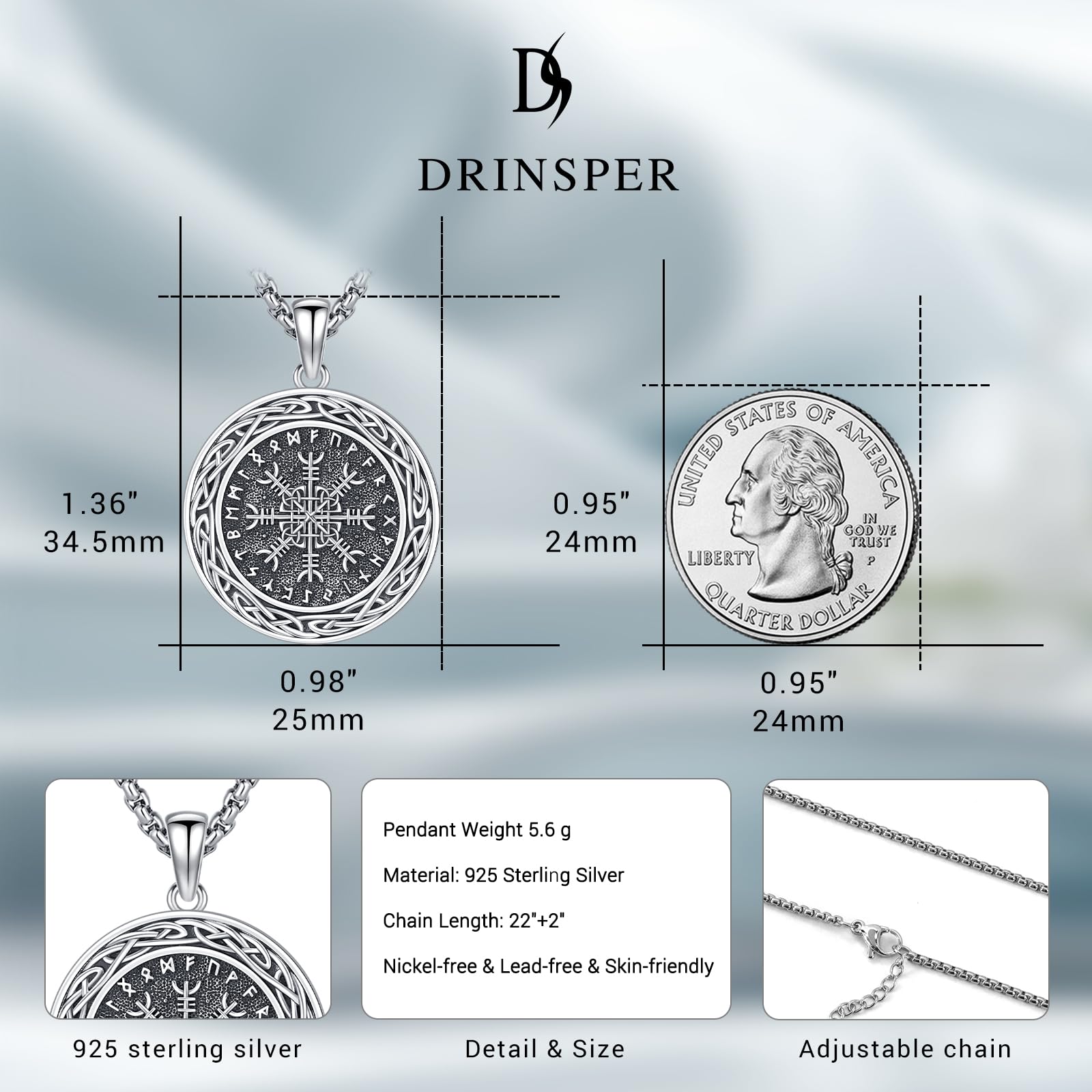 DRINSPER Viking Compass Necklace 925 Sterling Silver Pendant Vegvísir with Futhark Celtic Knot Decor Pagan Jewelry Gift for Men Women