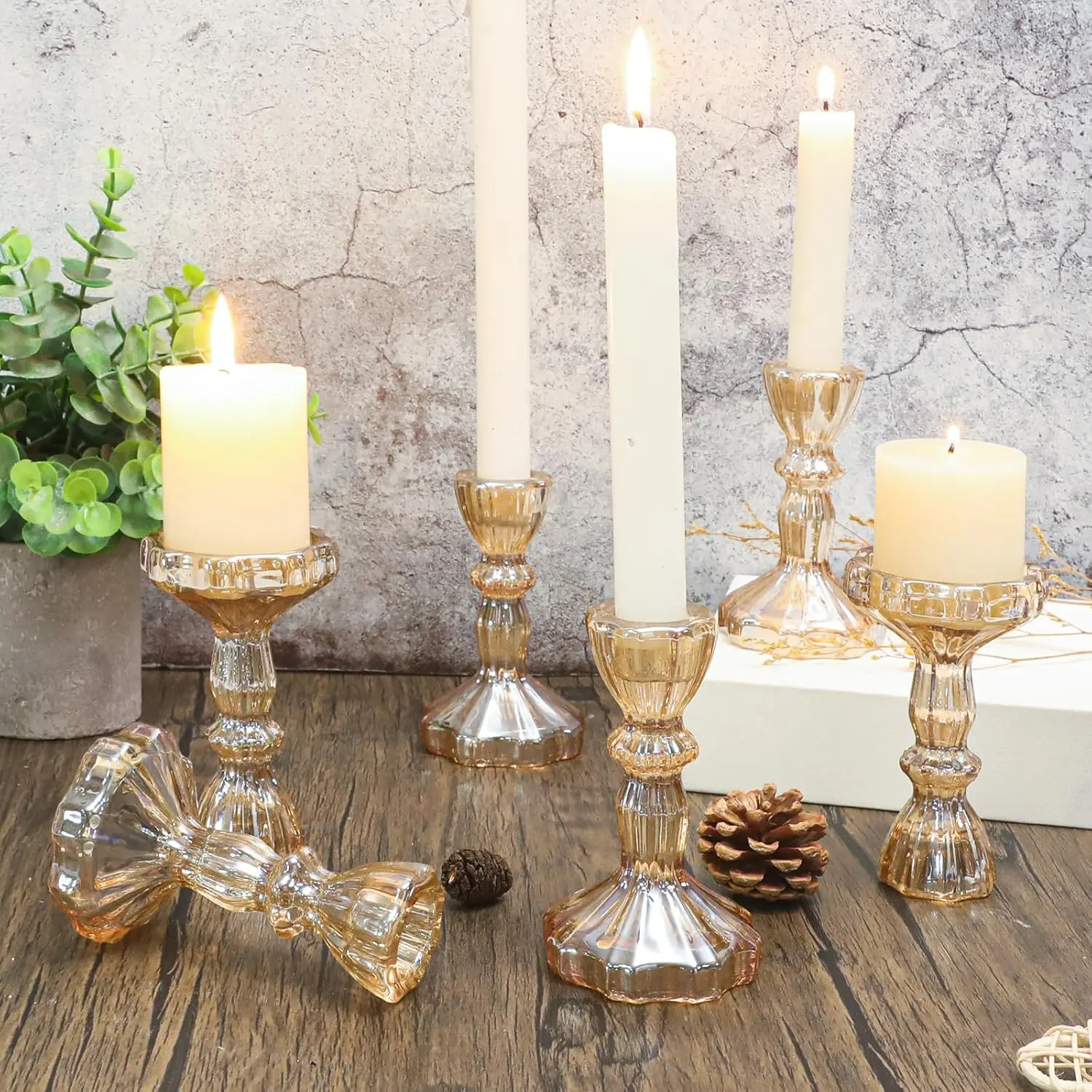 Vintage Creative Glass Candle Holders Set of 6, Wedding Party Dining Festival Long Stick Candle Base Decorations, Universal Display Pieces, Centerpiece