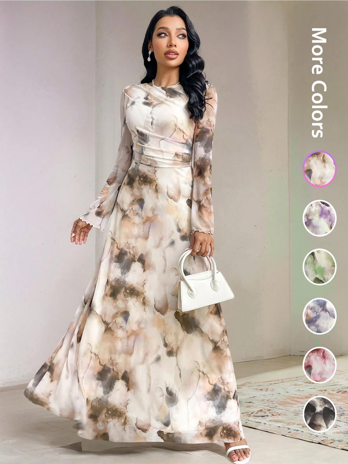 Elegant Women's Tie-Dye Print Long Sleeve Round Neck Maxi Dress, Party Wear Formal Gown, Ladies Fashionable Chic Evening Dresses