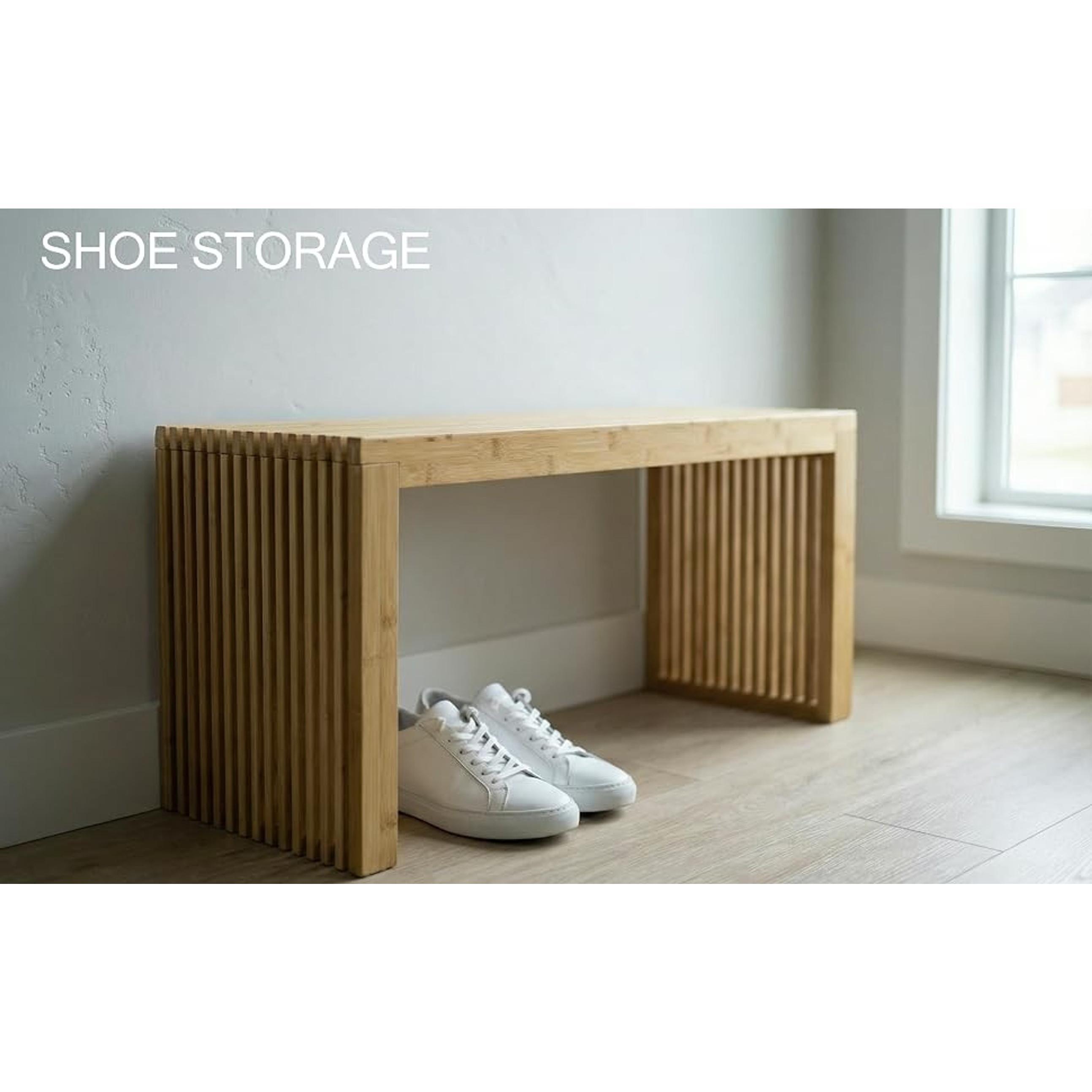 Bamboo Natural 36 inch Wooden Bench, Small Wood Benches for Entryway, Living & Dining Room, Kitchen, Bedroom, Bathroom, Hallway, Front Door, For Indoor & Outdoor Patio Use, Mid Century Modern Decor