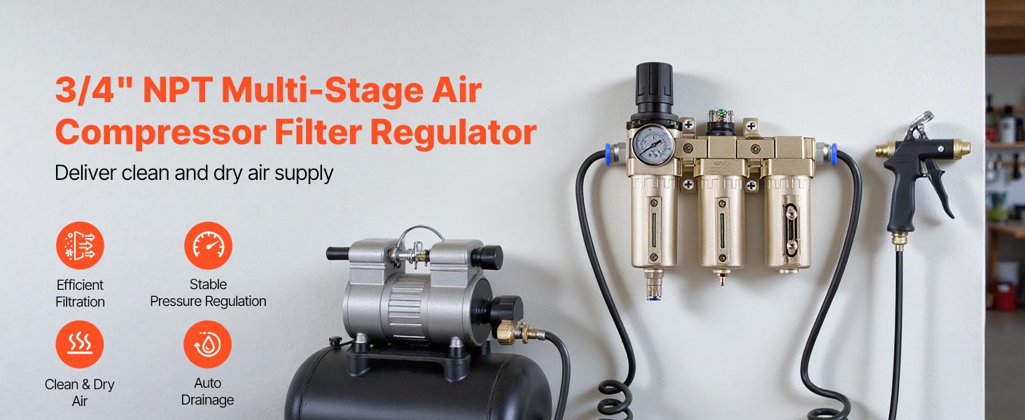 VEVOR Air Compressor Filter Regulator, 3/4 NPT 3-Stage 5m 0.3m 0.1m Air Drying System with Micron Filters and Desiccant Dryer, Auto Drain Air Compressor Water Separator 175PSI Max Pressure