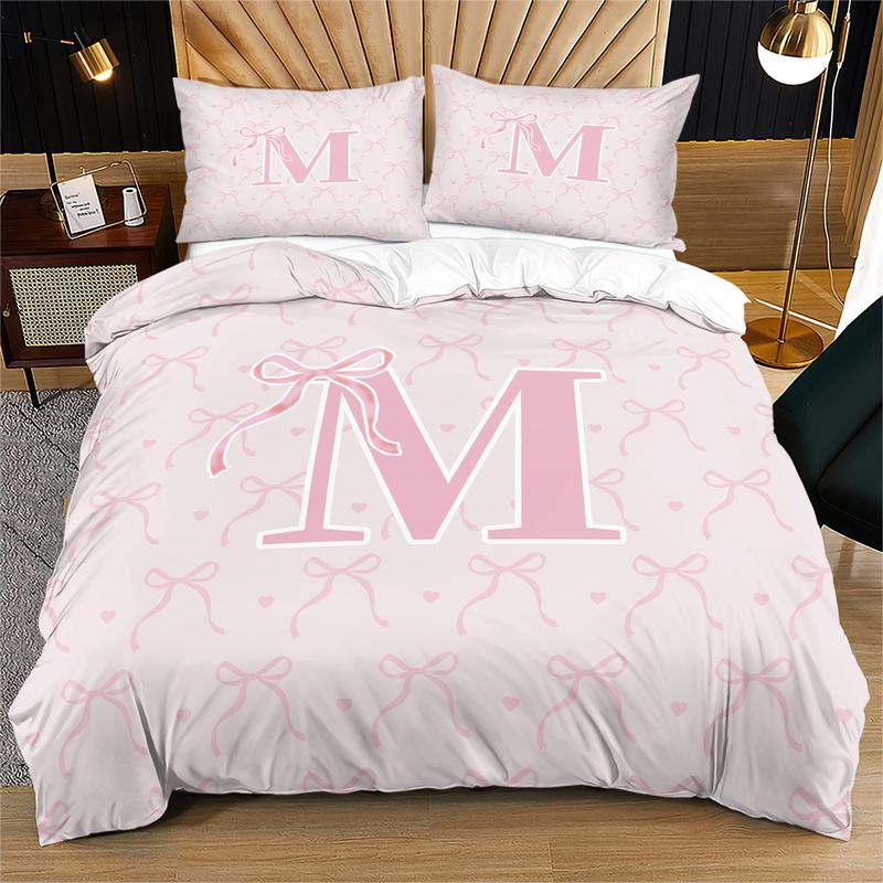 Letter Bow Pattern Soft Durable Bedding Set, Includes 1 Fitted Sheet & Pillowcases, Modern Style Bedroom Decor Gift for Teens Adults, Soft Bedding Sets