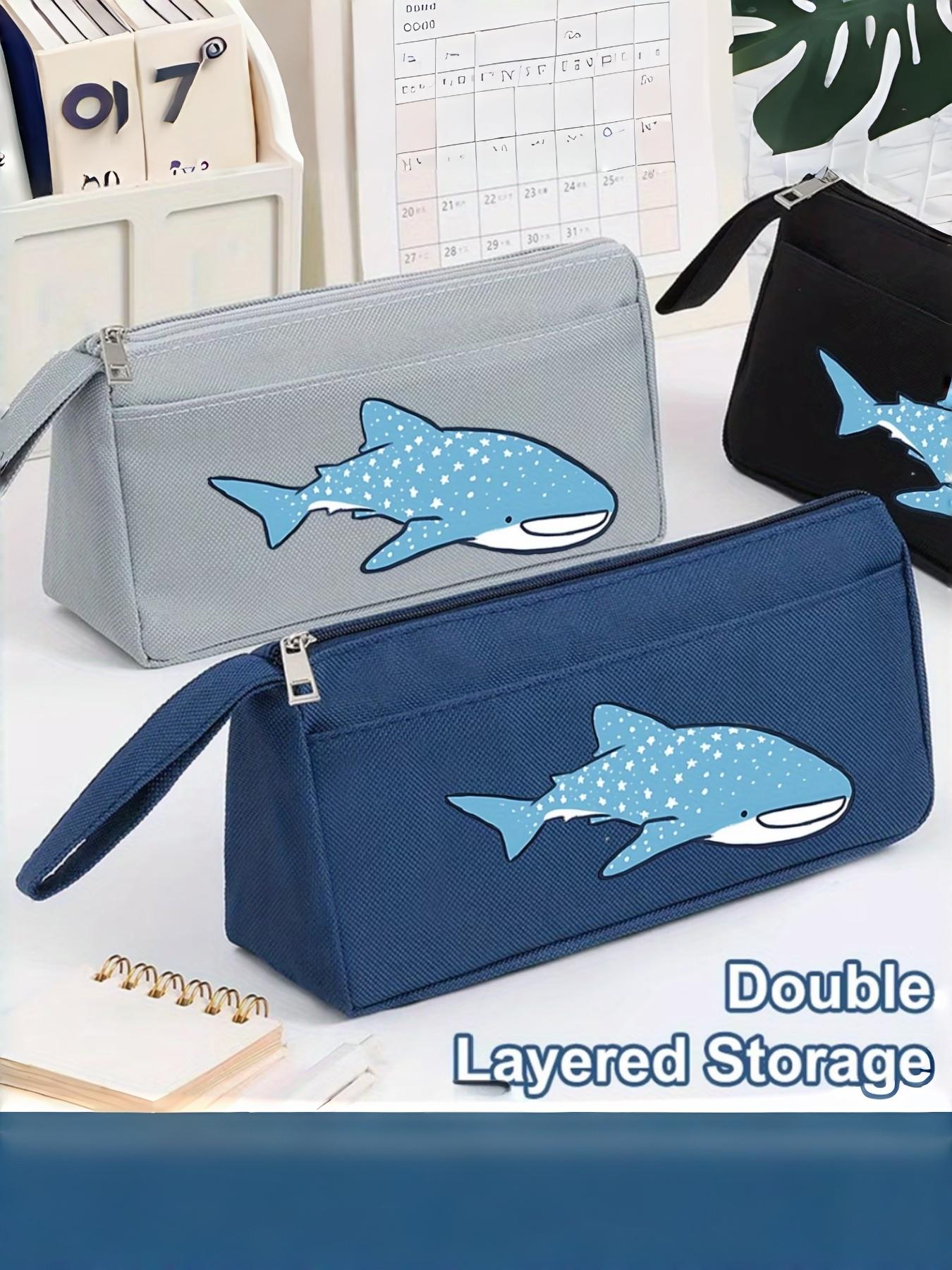 Ocean Style Whale Shark Pattern Stationery Bag, Large Capacity Pencil Case, Elegant Design, Multi-Pocket Storage, Four Colors Available