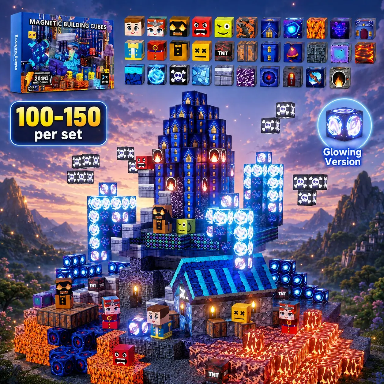 150-200 Blue Castle Glowing Magnetic Blocks, Kids Toy Gift, Interactive Birthday Present, Stem Science Toy, Ages 3-12