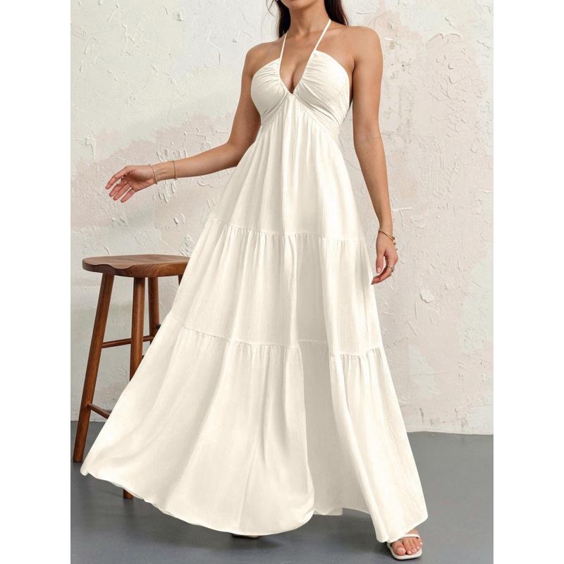 Solid Color Elegant Halter V-Neck Sexy Backless French-Style Temperament Maxi Dress