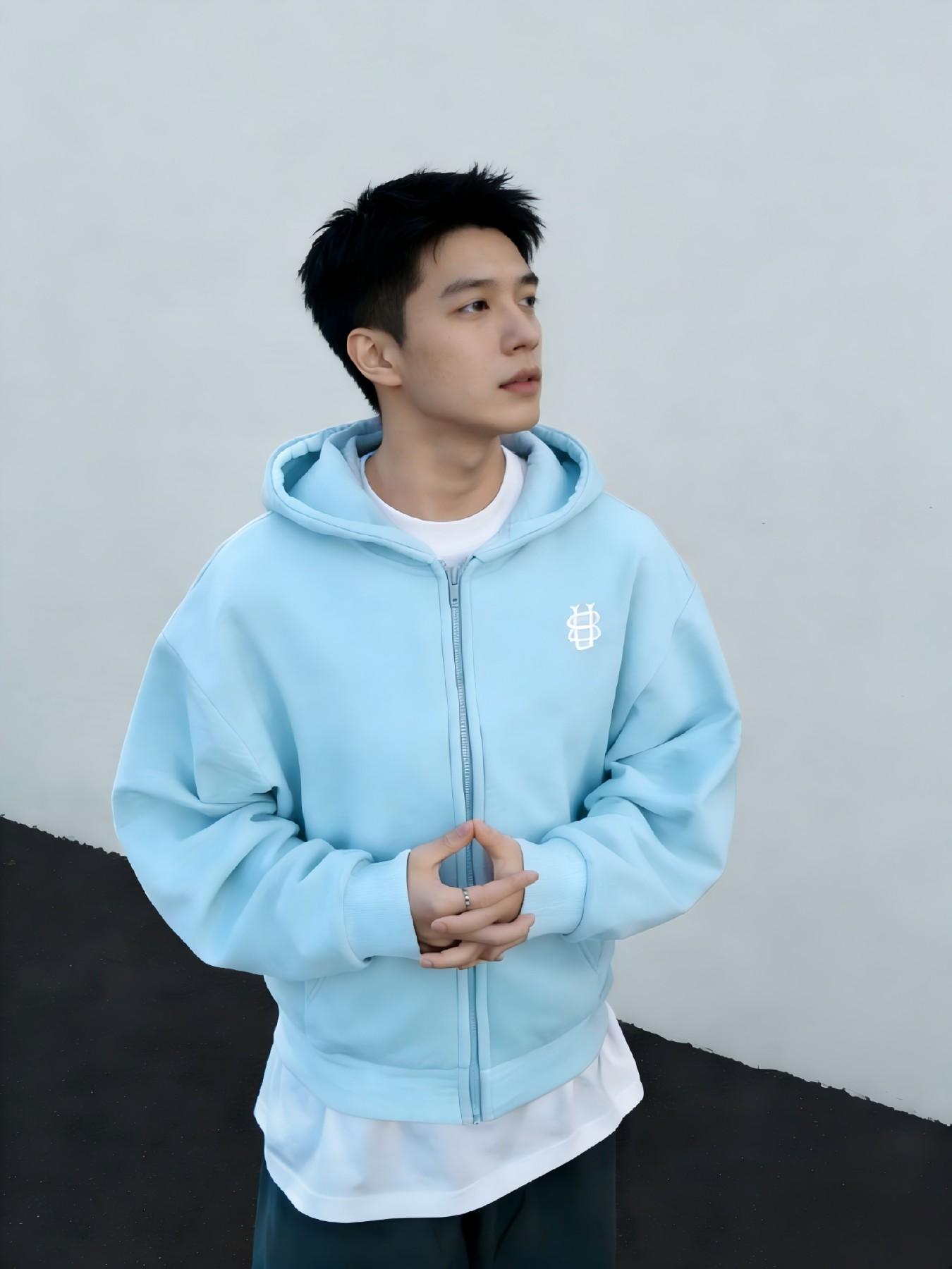 Men's Light Blue Zip-Up Hooded Sweatshirt, Heavyweight Loose Fit Casual Jacket, Minimal Embroidery, Streetwear for Spring & Autumn, 5 Colors