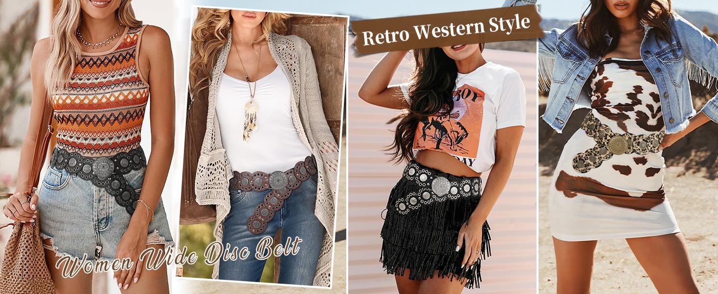 SUOSDEY chunky belt vibes Western Belts for Women Vintage Disc Waist Belts Concho Leather Belts Boho Waist Belt for Dress Jeans