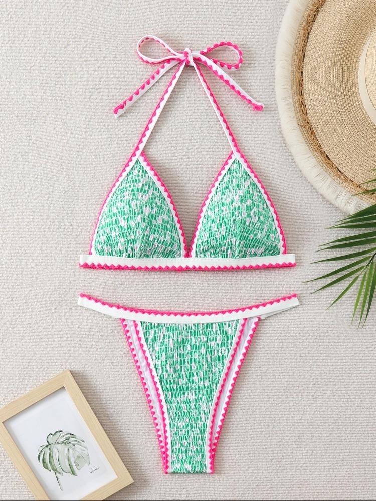 Women's Print Triangle Bikini Set, Adjustable Thin Straps, Low Waist Pants, Elastic Fabric, Casual Beachwear for All Seasons, Floral Print Bikinis