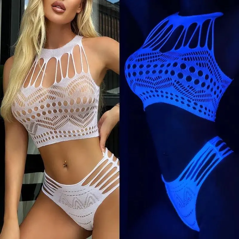 Women's Glow-In-Dark Hollow Cutout 2-Piece Bikini Fishnet Lingerie Set, Glamorous Fashion Accessory Set for Casual Beach Wear, Hollow Out Swimsuit, Women's Swimsuits, Cover Up Beachwear, Fishnet Cutouts, Mesh Cover Up, Bathing Suit
