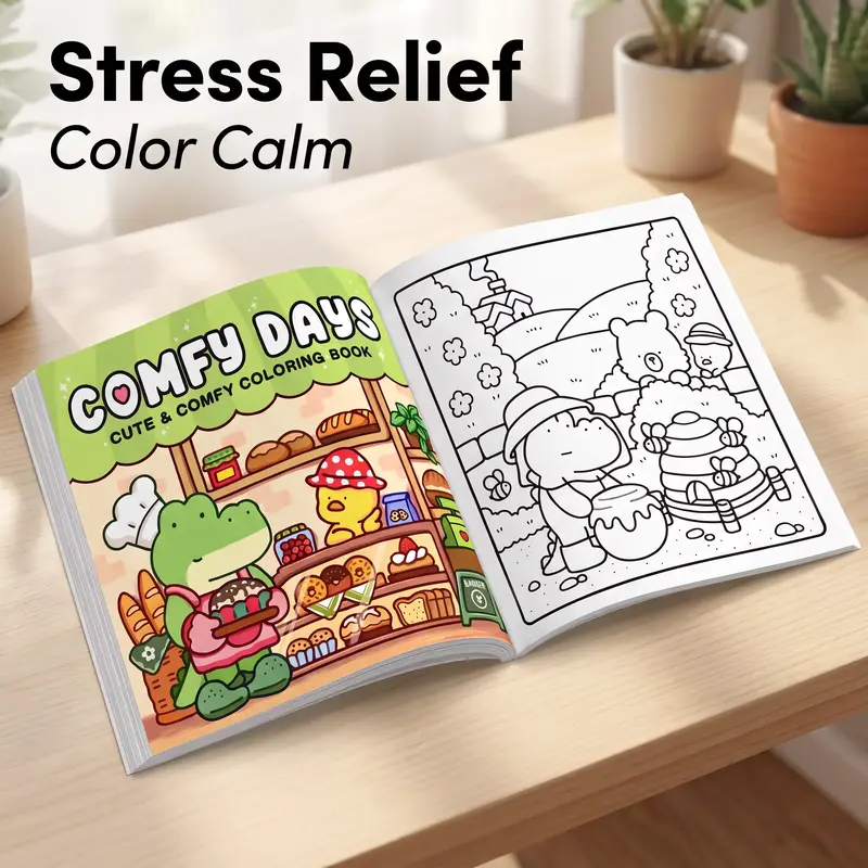 1pc COMFY DAYS Illustrated coloring book Activity Book For Adults And Kids, Simple And Big Designs For Relaxat, Large Coloring Pages, Unique Illustrations, Coloring Book For Stress Relief And Relaxation, Christmas gift