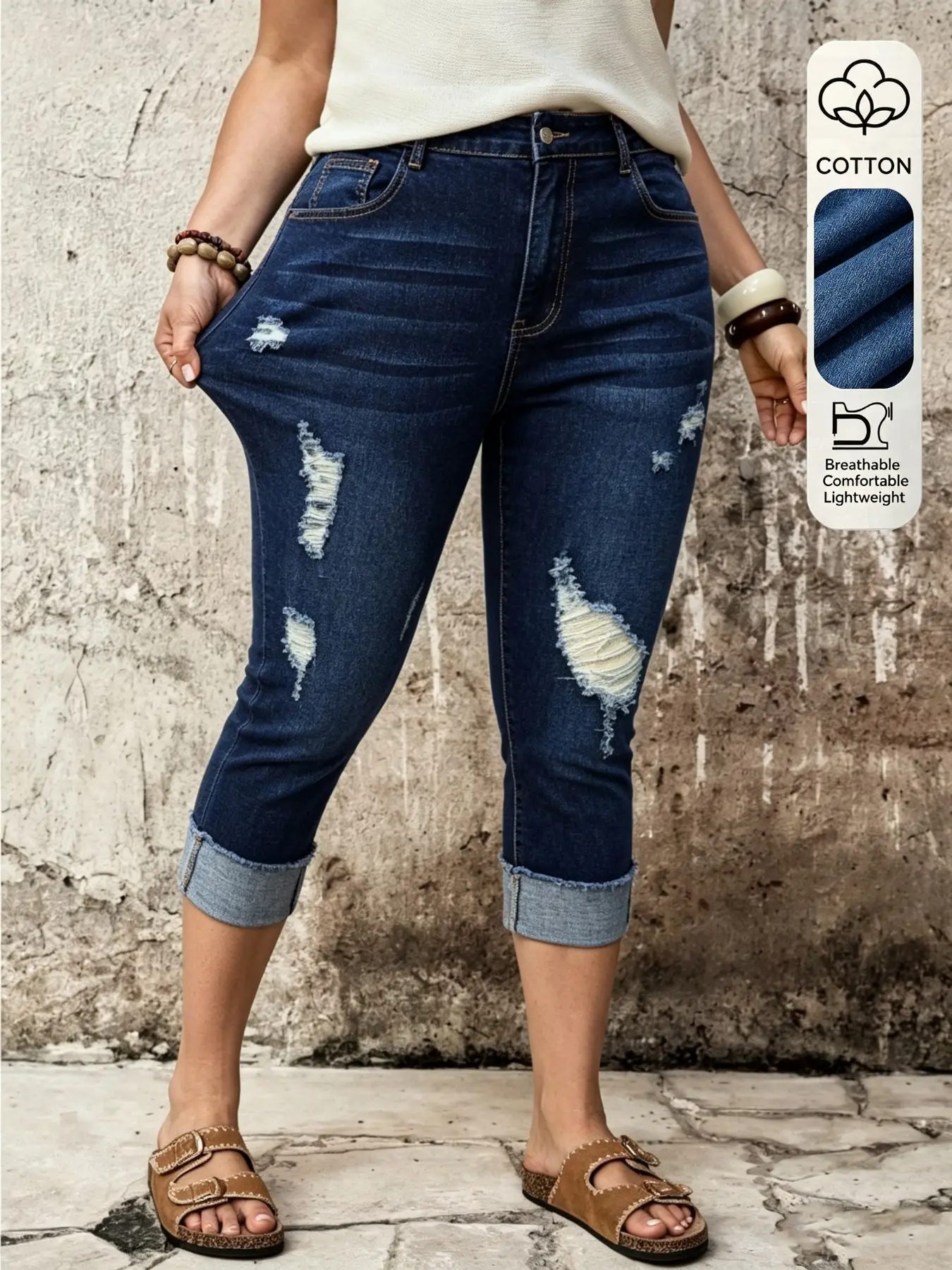 Women's High Elasticity High-Waisted Seven-Quarter Skinny Fit Comfy Denim Jeans, Folded Hem, Ripped Design, Versatile Elegant Casual Fashion Pants