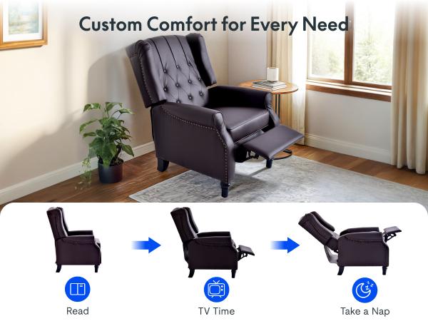 【Valentine Day Sale】Recliner Chair PU Leather Wingback Armchair, Push Back Recliner for Small Spaces, Tufted Back Accent Chair with Rivet Trim, Mid Century Single Sofa for Living Room Bedroom Study Lounge Furniture