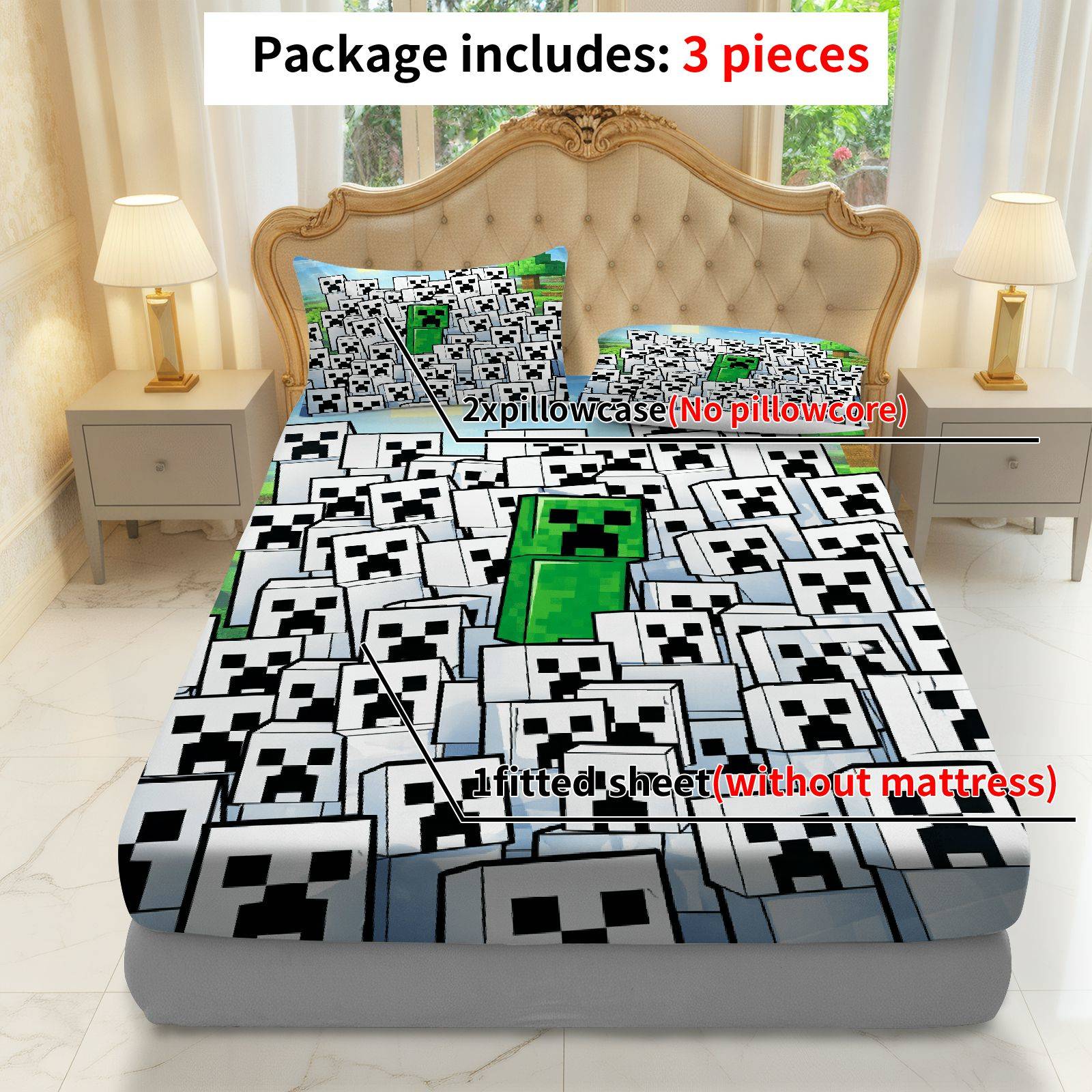 3Pcs Pixel Creeper Gaming Fitted sheet Three Piece Set (1*Fitted Sheet+2*Pillowcases, Coreless), Halloween theme, Minecraft Bedding Set, Mattress protector Soft, Breathable