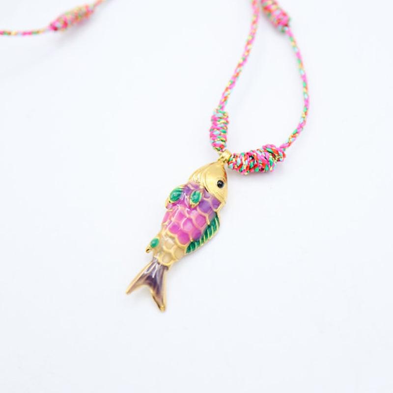 Women's Copper Ocean Fish Pendant Statement Necklace - Fashion Jewelry Accessories, Bold Statement Piece, Vibrant Multicolored Cord for Casual Indoor Recreation Wear