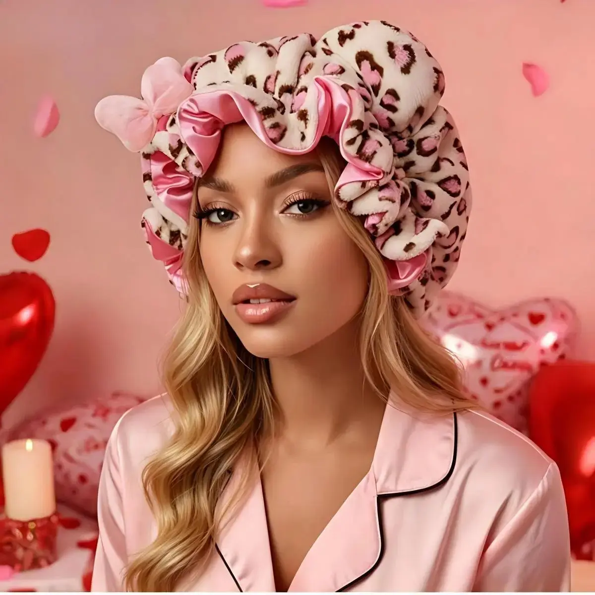 Cute Leopard Print Teddy Fleece Hair Bonnet, Bear Ear Bow Ruffle Edge Heatless Sleep Hair Wrap, Large Size Adjustable Hair Protect Cap For Curly Natural Hair, Night Sleeping Skincare Makeup Women Gift
