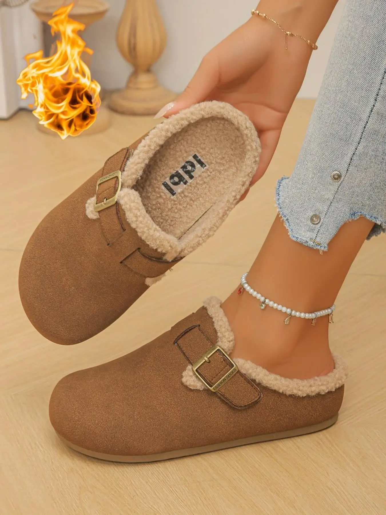 Women's Winter Fuzzy Toe Slippers, Adjustable Buckle Synthetic Suede Half Sandals, Warm Slip-On Flat Shoes, Casual Home Wear