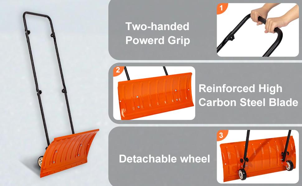Walensee 30 Inch Metal Snow Shovel with Wheels for Driveway, Large Blade for Efficient Snow Removal, U-Shaped Handle,Heavy Duty Wheeled Metal Snow Pusher Shovels, Back Saver Snow Plow for Doorway
