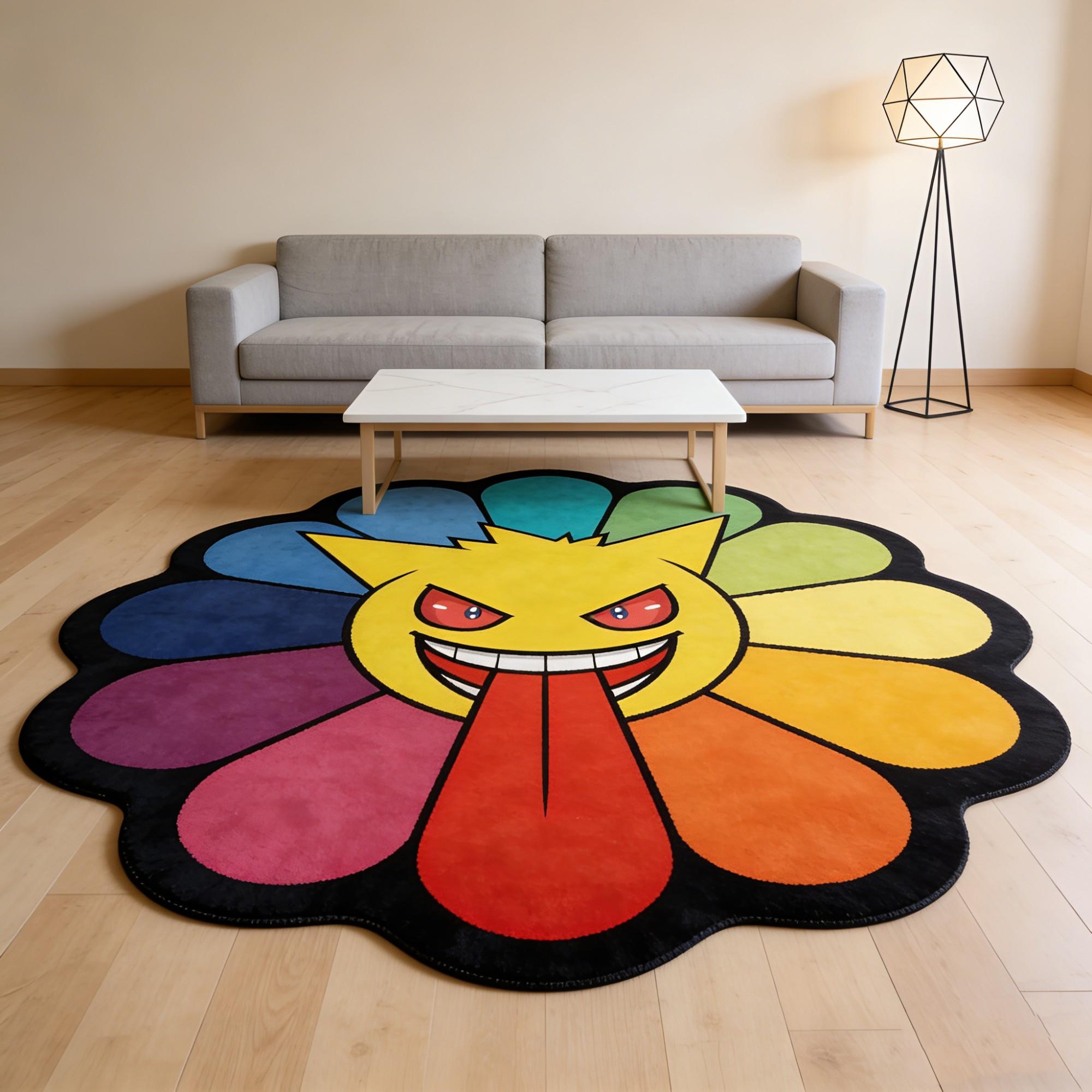 Funny Rainbow Sunflower Rug, Irregular Trendy Creative Home Decor Mat, Durable, Non-Slip, Washable, Suitable for Game Room, Bedroom, Living Room, Kitchen