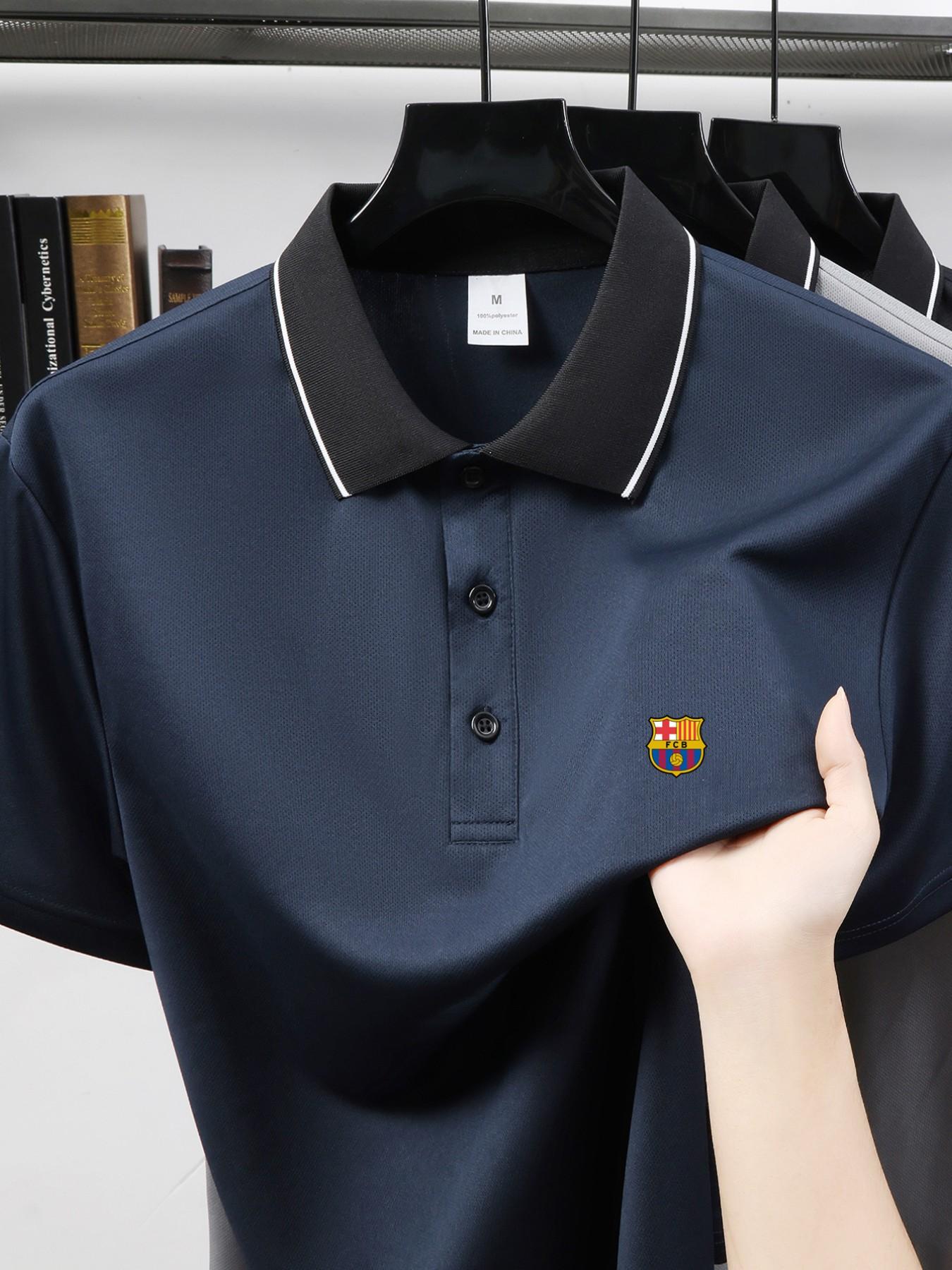 Men Women Summer Fashion Casual Outdoor Sports Fitted Short Sleeve Polo Shirt, Quick-Dry Breathable Easy Wash, Barcelona Football Team Logo Print