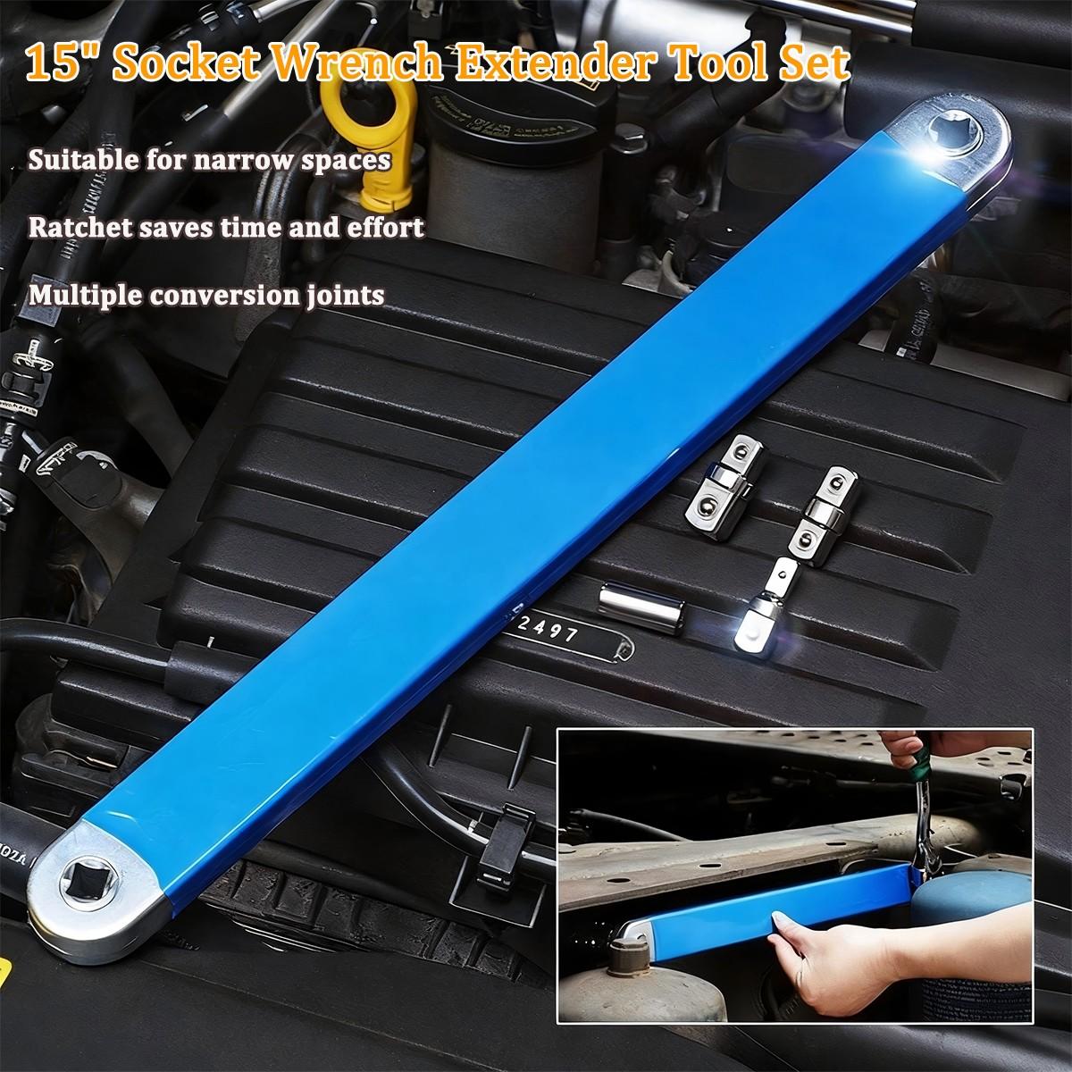 3/8 Inch Offset Extension Wrench,15 Inch Impact Ready Socket Wrench Extender Tool Set with 1/2", 1/4" and 3/8" Square Drive Adapters, Zero Degree Ratchet Tool for Car Blue, Multifunctional Wrench Set