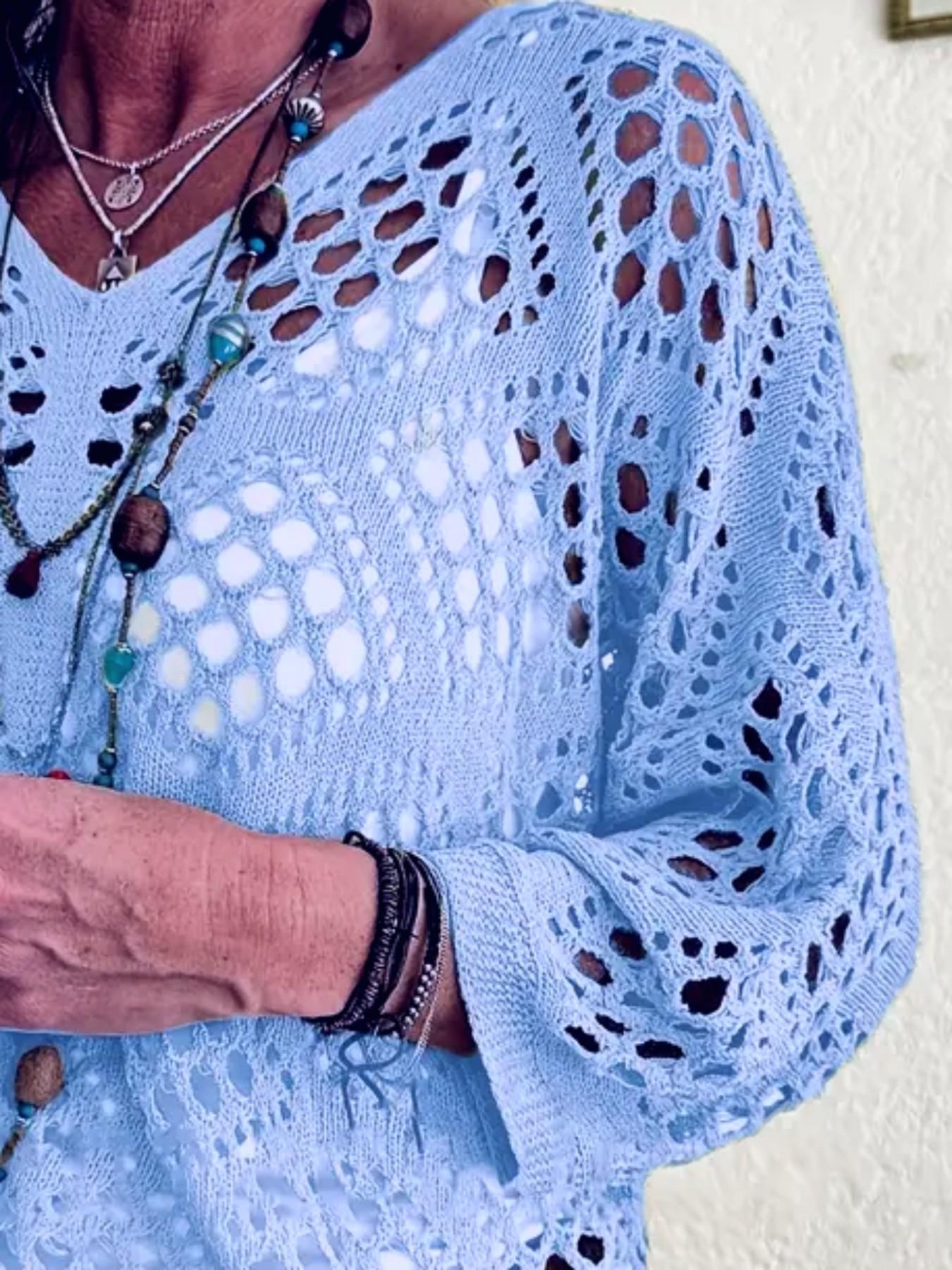 Women's V Neck Batwing Sleeve Crochet Hoodie Tops, Lightweight Hollow Out Design, Perfect for Summer Vacation, Casual Loose Fit