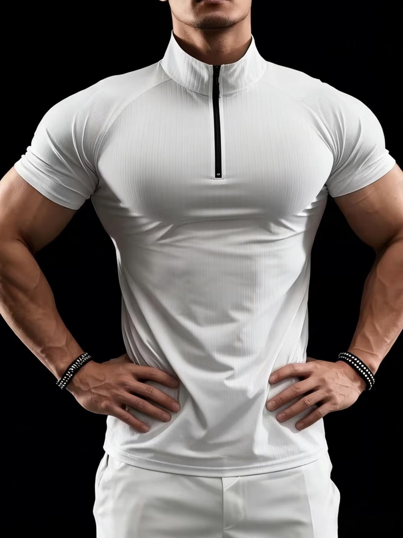 Men's Slim Fit Short Sleeve Quarter Zip Polo Shirt, Quick Dry Breathable Ribbed Sports T-Shirt, Gym Fitness Running Casual Wear