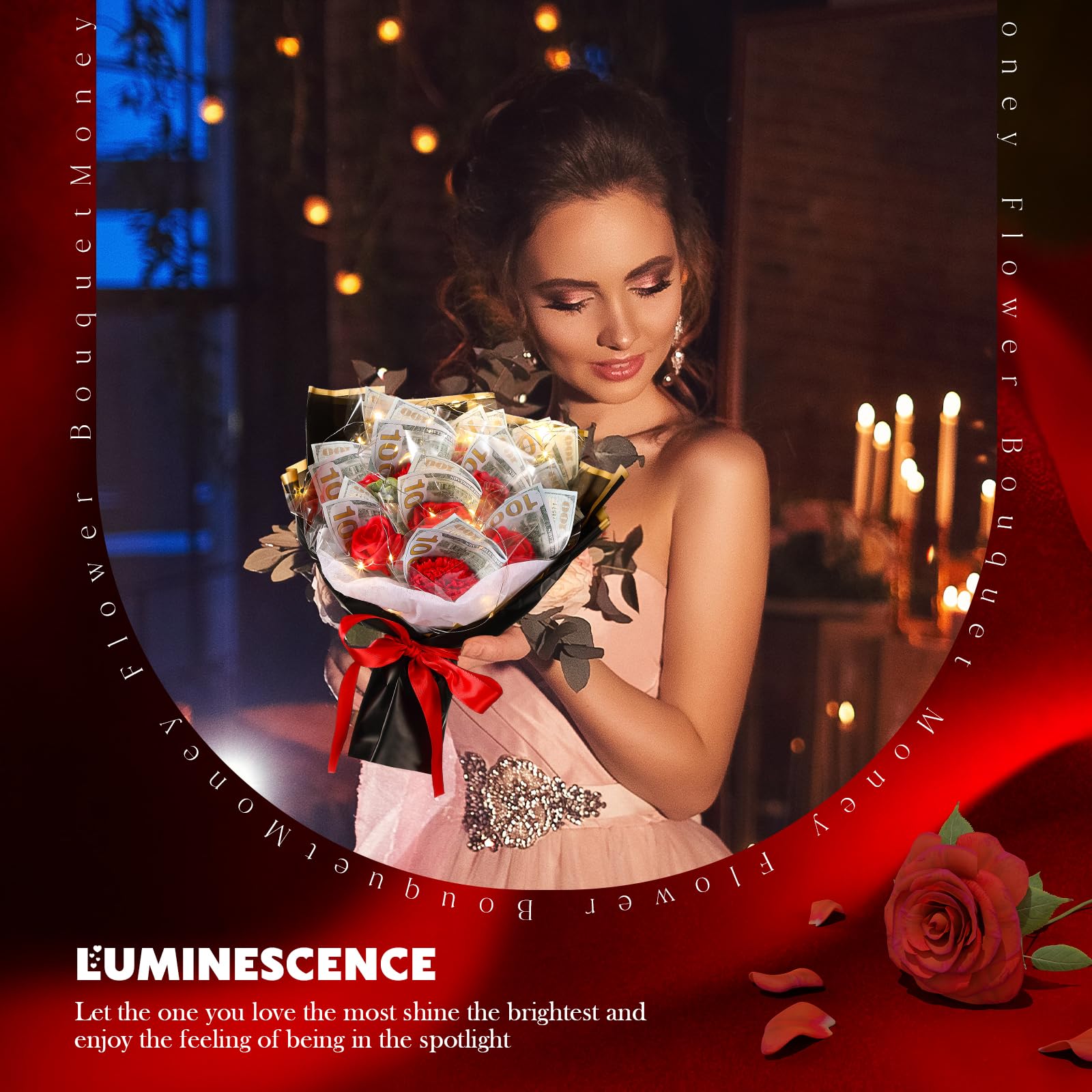 Birthday Gift Money Flower Bouquet Cash Rose Artificial Bouquet Money Bouquet Kit for Cash Gift Pink Money Bouquet Flowers with Bag LED Light String Card for Birthday Party Anniversary  Weddig Gift for Women Girlfriend  (money not included)