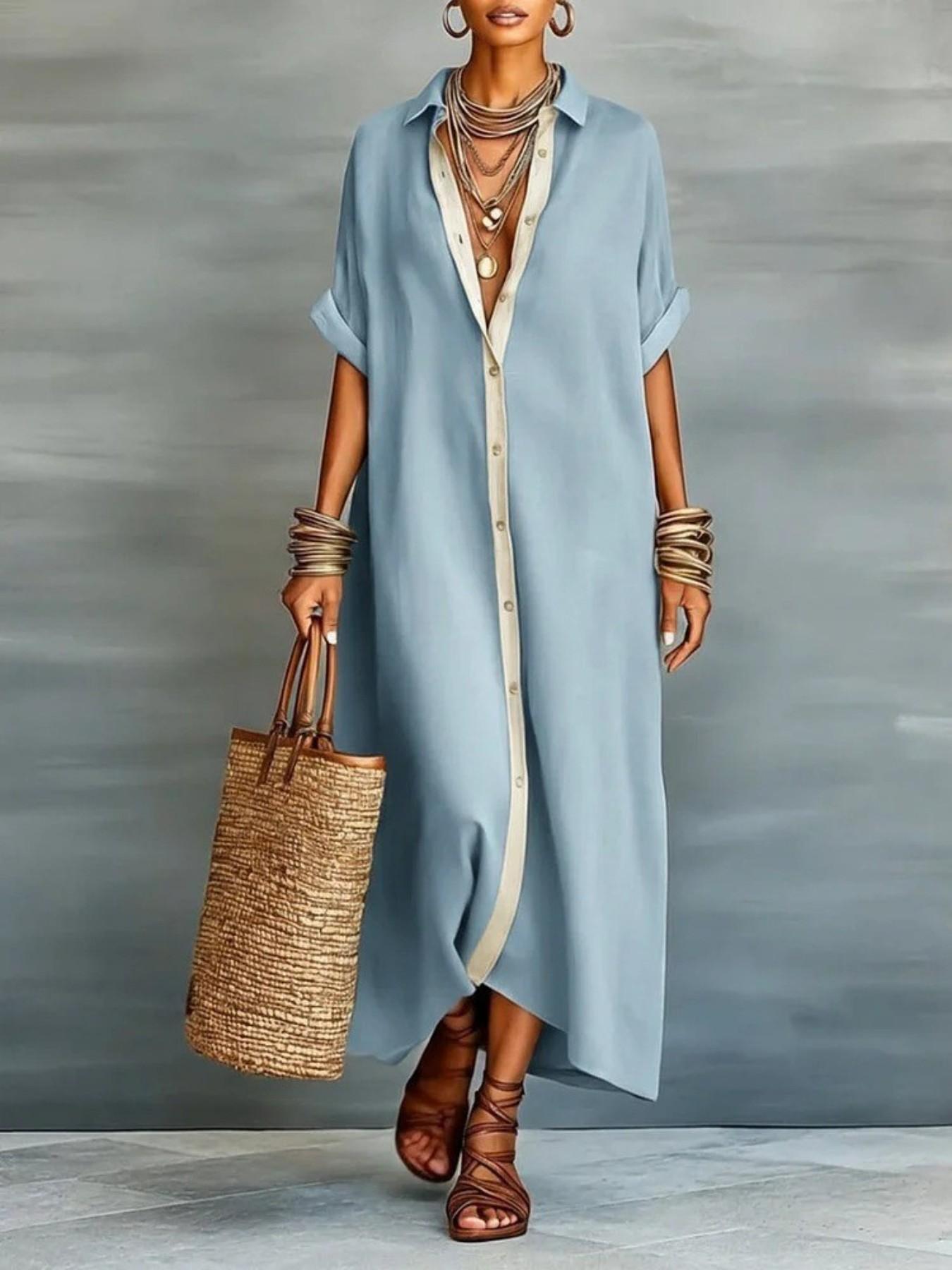 Women's Casual Colorblock Collared Button Front Long Dress, Boho Bohemian Lazy Style Short Sleeve Sun Protection Shirt Dress for Summer Vacation Boho Beach Sundress