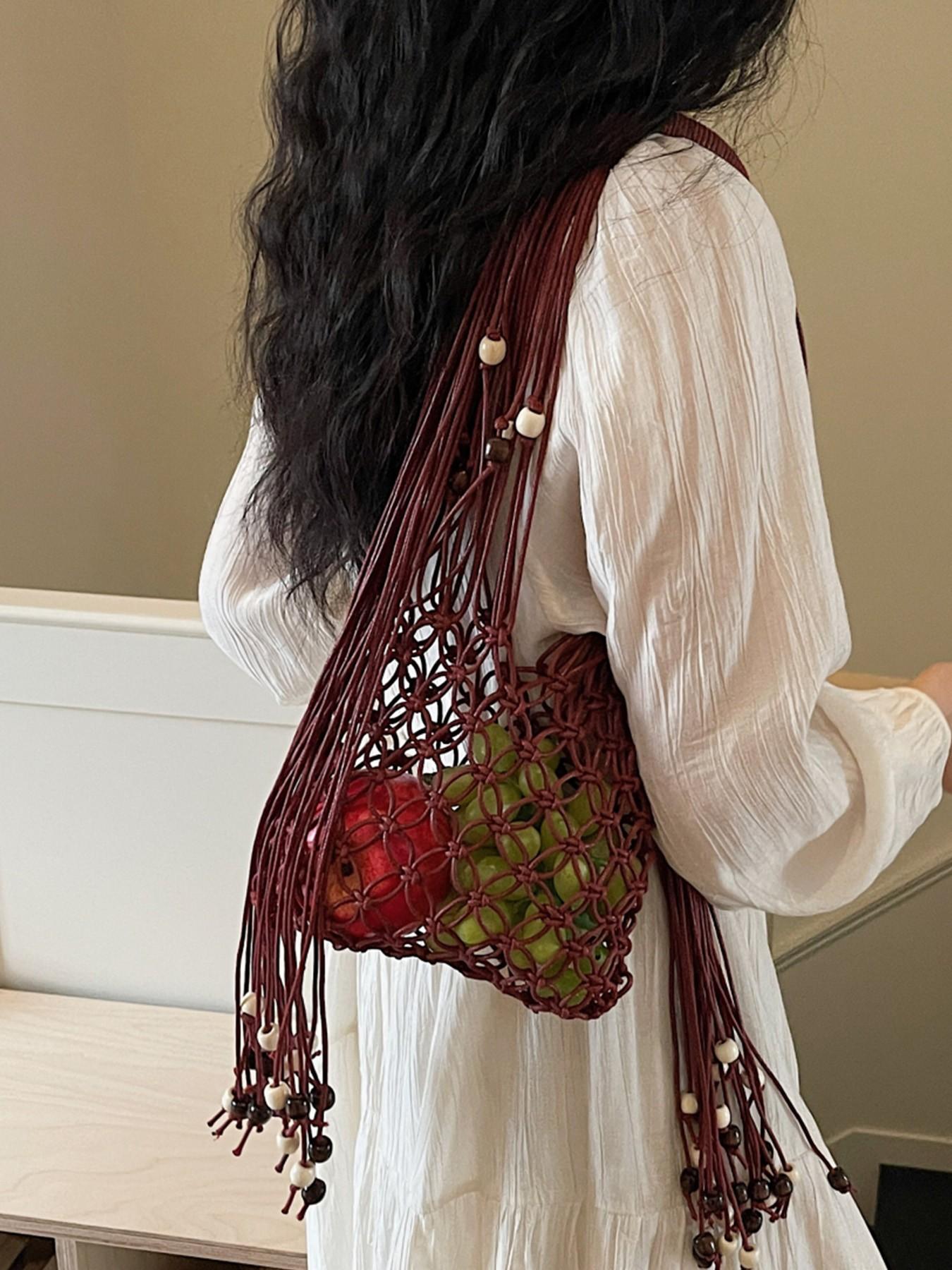 1pc Boho Macrame Fringe Shoulder Bag for Women, Handwoven Beaded Net Tote with Drawstring Lining, Summer Beach Woven Hobo Handbag