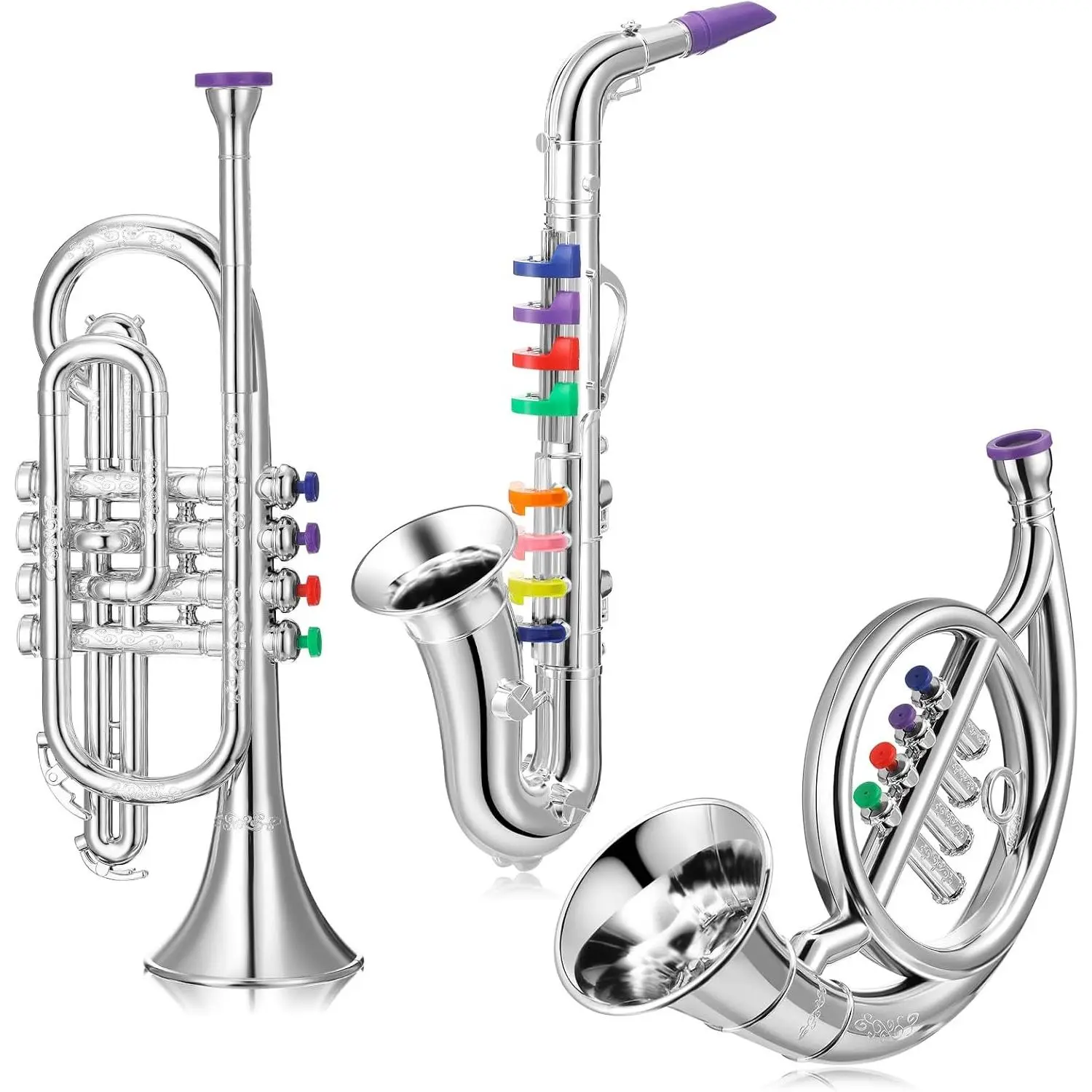 Set of 3 Beginner Musical Instruments Combo - Saxophone, Trumpet and Horn, 3 Wind and Brass Instruments with Colorful Coded Keys for Boys Girls, Silver