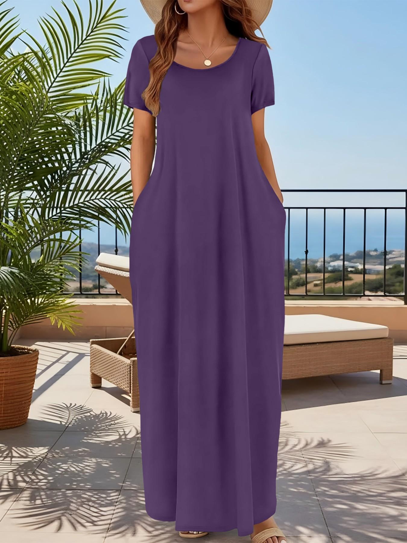 Plus Size Women's Summer Casual Chic Vacation Style Loose Long Dress, 11 Colors Available, Pocket Design Comfortable Breathable Lazy Dress
