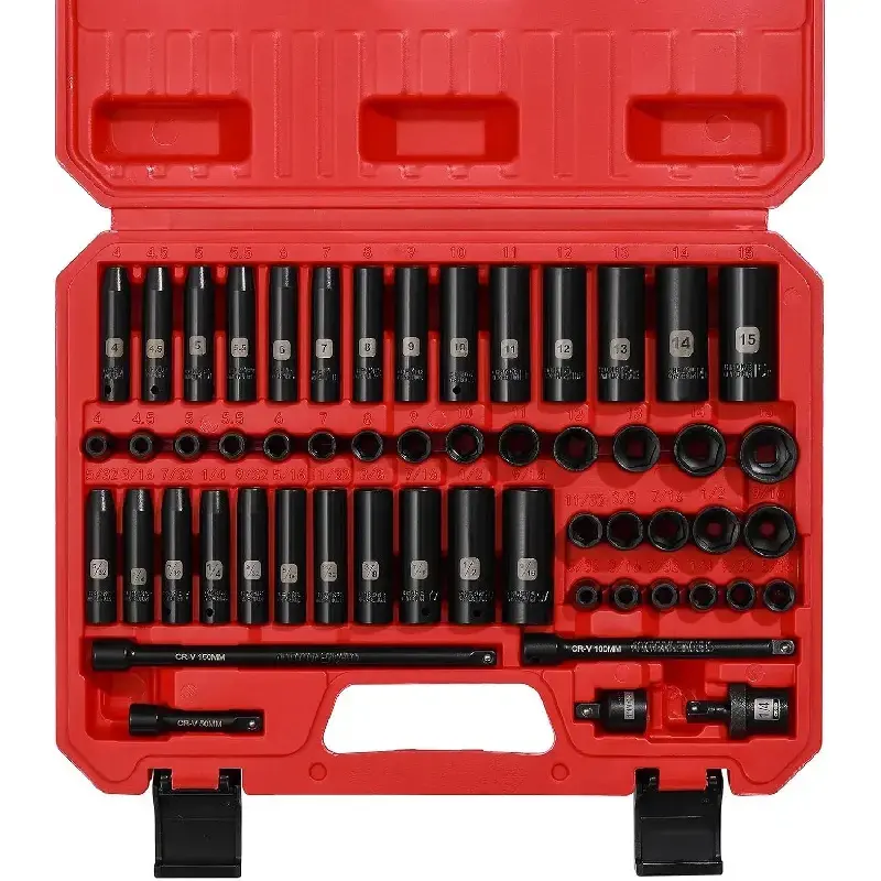 55PCS Impact Sockets Set - 1/4 Inch Drive Socket Wrench Set for Mechanics & Engineers, Metric/SAE, Deep/Shallow, 6-Point Design, CR-V, 5/32-9/16 Inch, 4-15mm, With Extensions, Adapters, Universal Joint, Drive Socket Wrenches